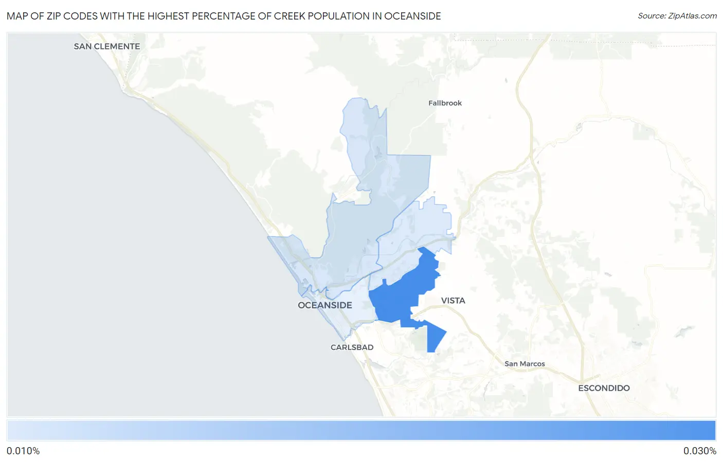 Zip Codes with the Highest Percentage of Creek Population in Oceanside Map