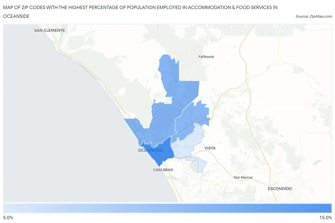 Zip Codes with the Highest Percentage of Population Employed in Accommodation & Food Services in Oceanside Map