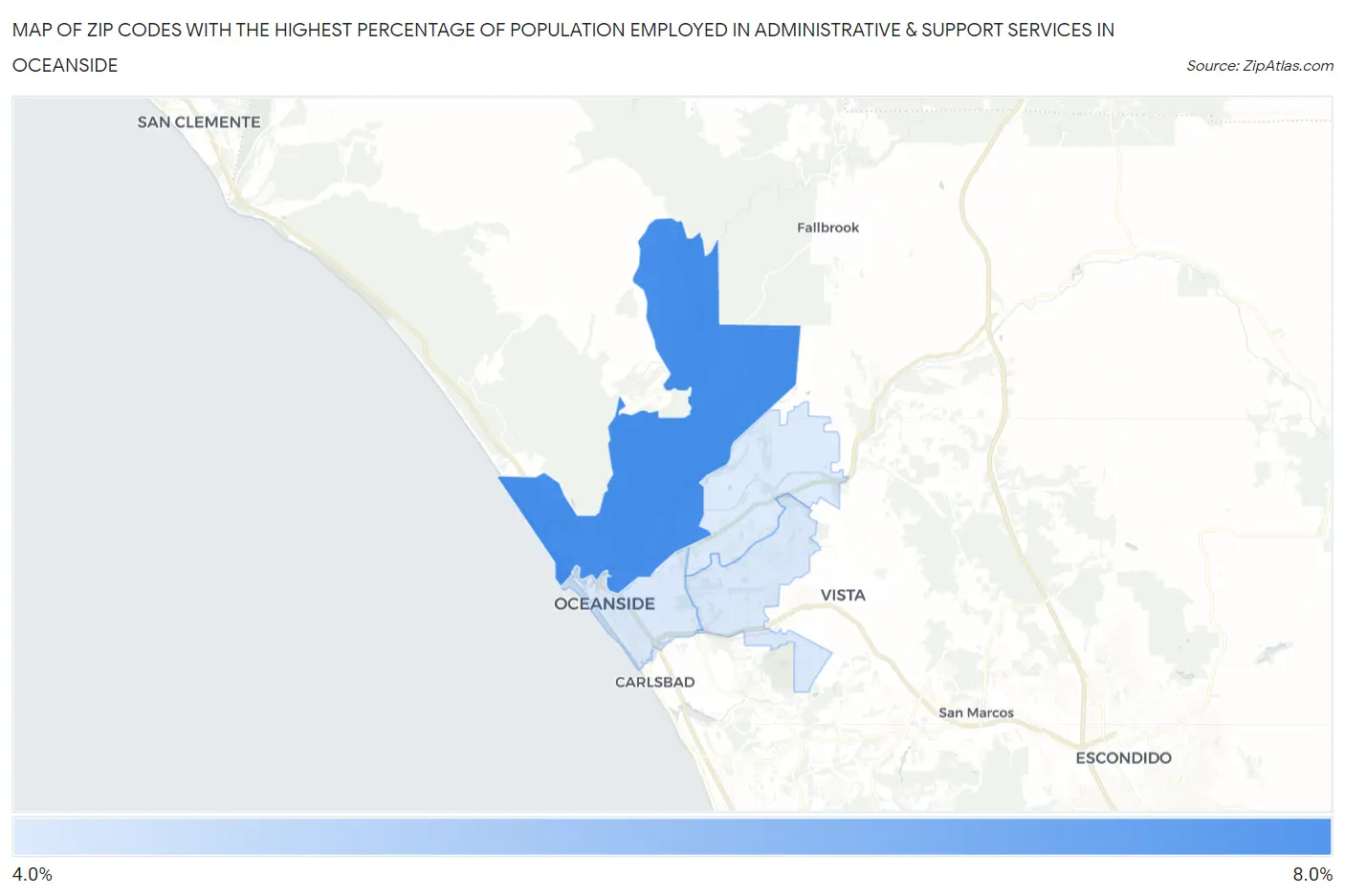 Zip Codes with the Highest Percentage of Population Employed in Administrative & Support Services in Oceanside Map