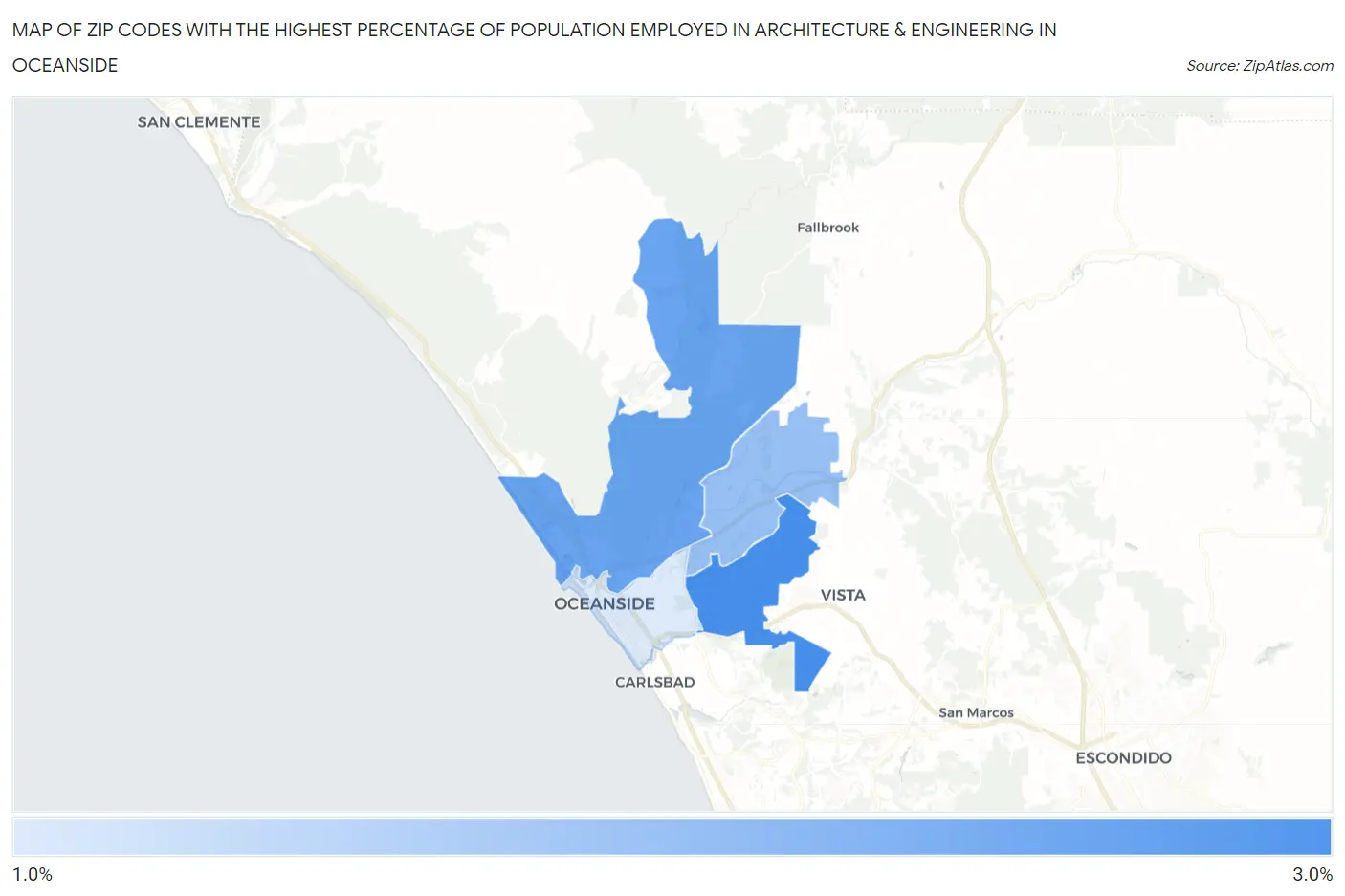 Zip Codes with the Highest Percentage of Population Employed in Architecture & Engineering in Oceanside Map