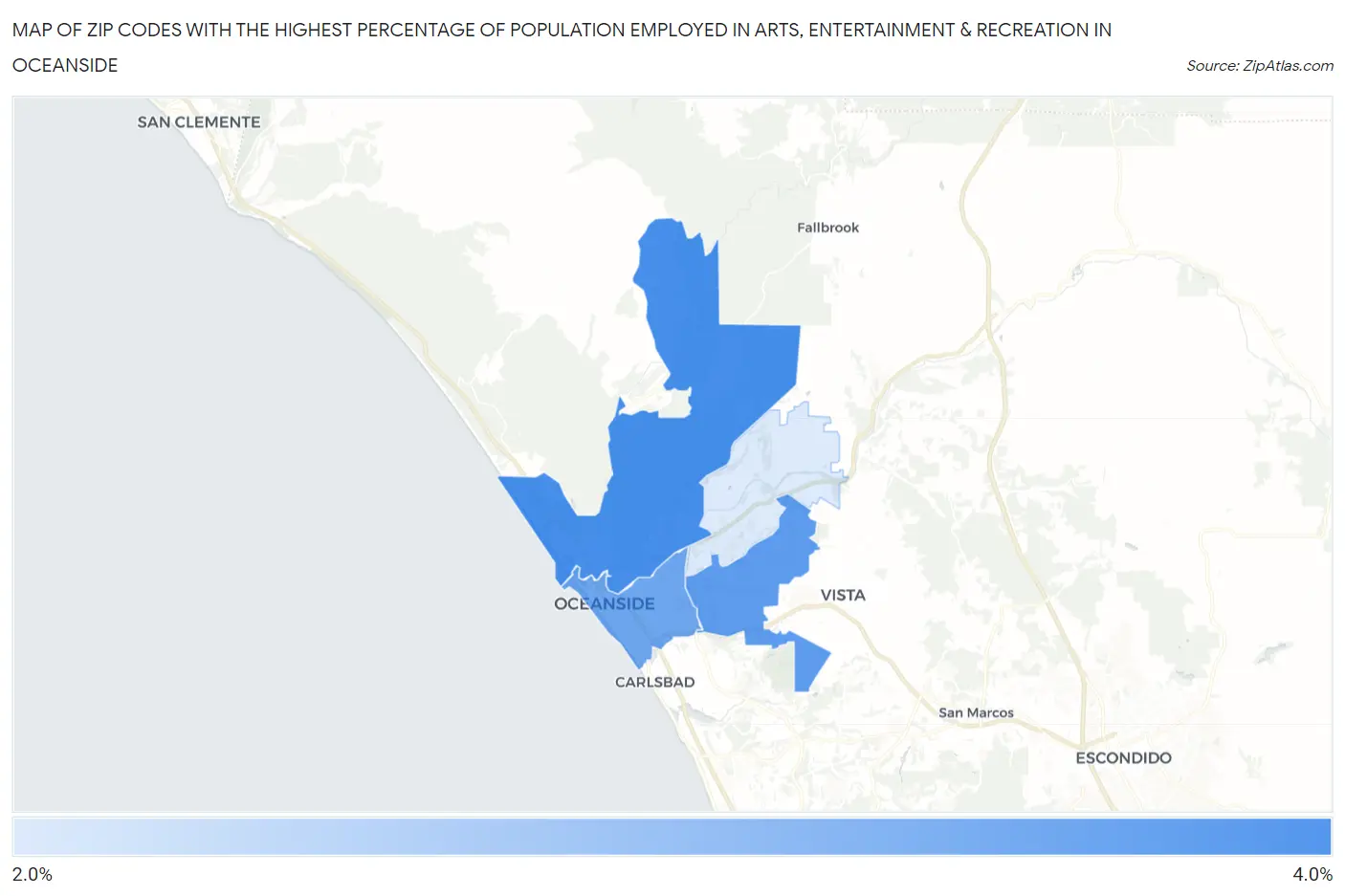 Zip Codes with the Highest Percentage of Population Employed in Arts, Entertainment & Recreation in Oceanside Map