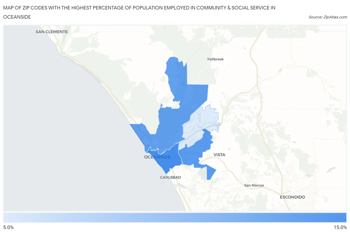 Zip Codes with the Highest Percentage of Population Employed in Community & Social Service  in Oceanside Map