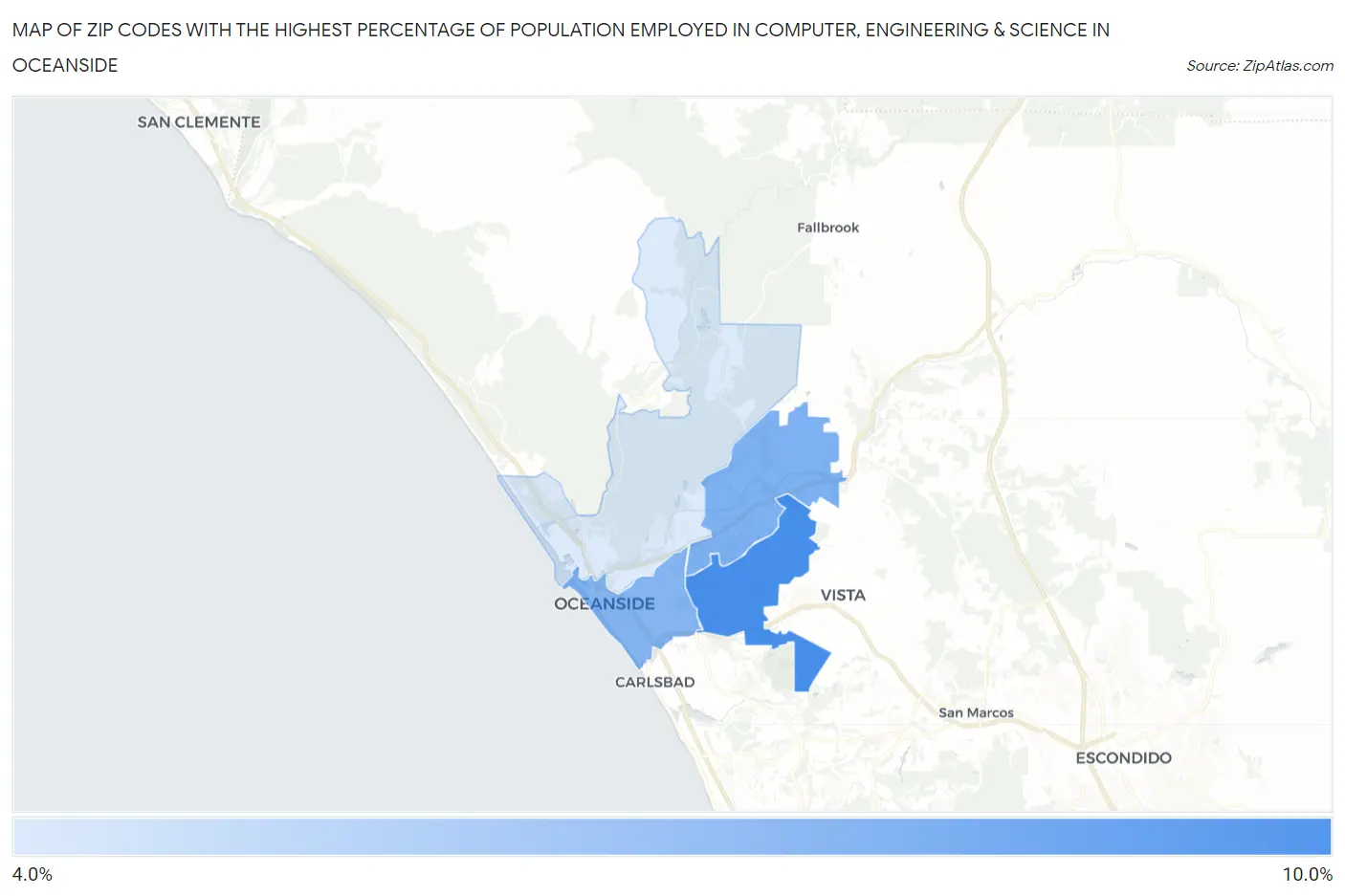Zip Codes with the Highest Percentage of Population Employed in Computer, Engineering & Science in Oceanside Map