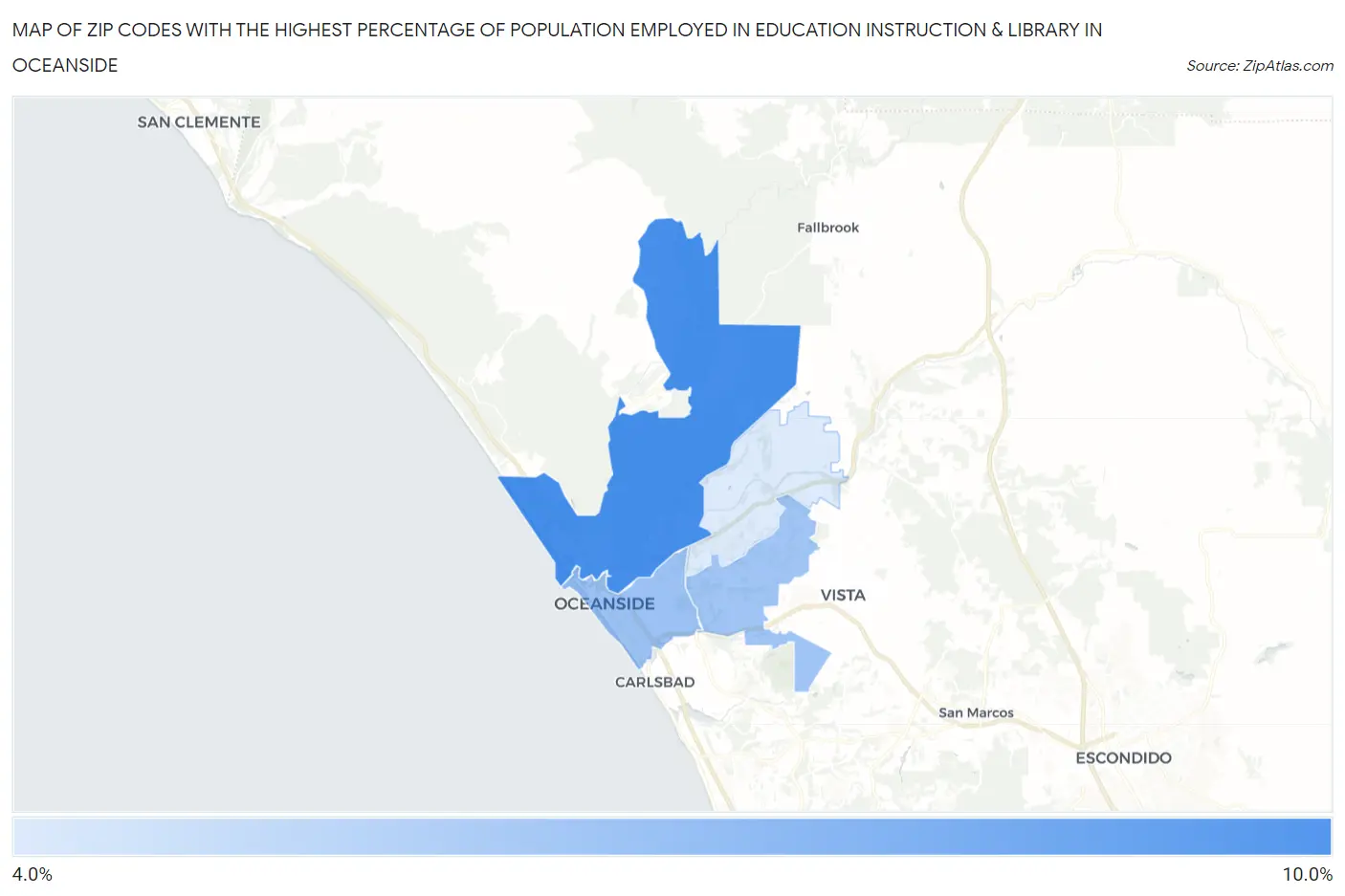 Zip Codes with the Highest Percentage of Population Employed in Education Instruction & Library in Oceanside Map