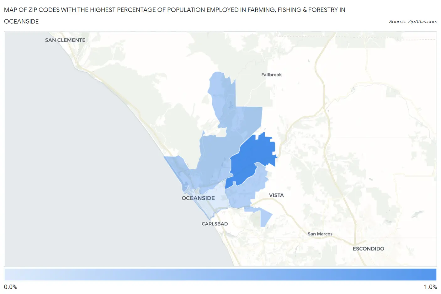 Zip Codes with the Highest Percentage of Population Employed in Farming, Fishing & Forestry in Oceanside Map