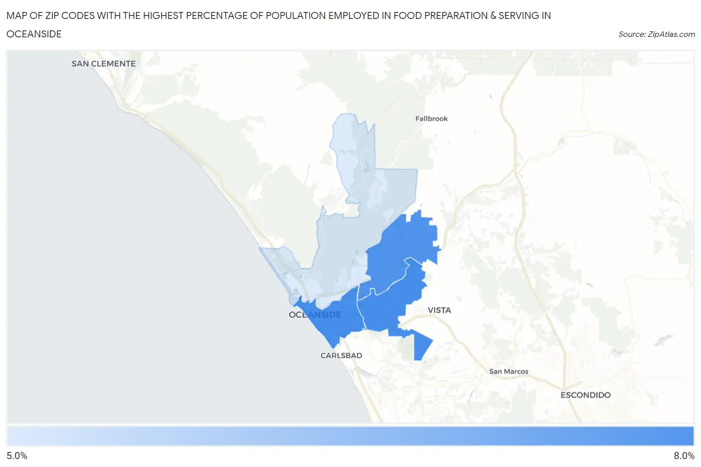 Zip Codes with the Highest Percentage of Population Employed in Food Preparation & Serving in Oceanside Map