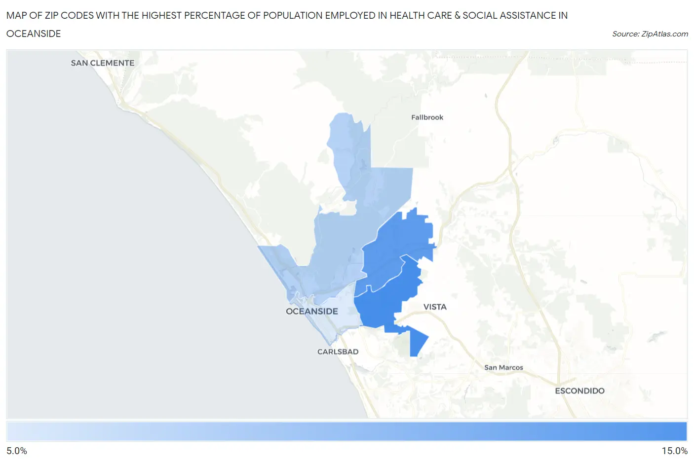 Zip Codes with the Highest Percentage of Population Employed in Health Care & Social Assistance in Oceanside Map