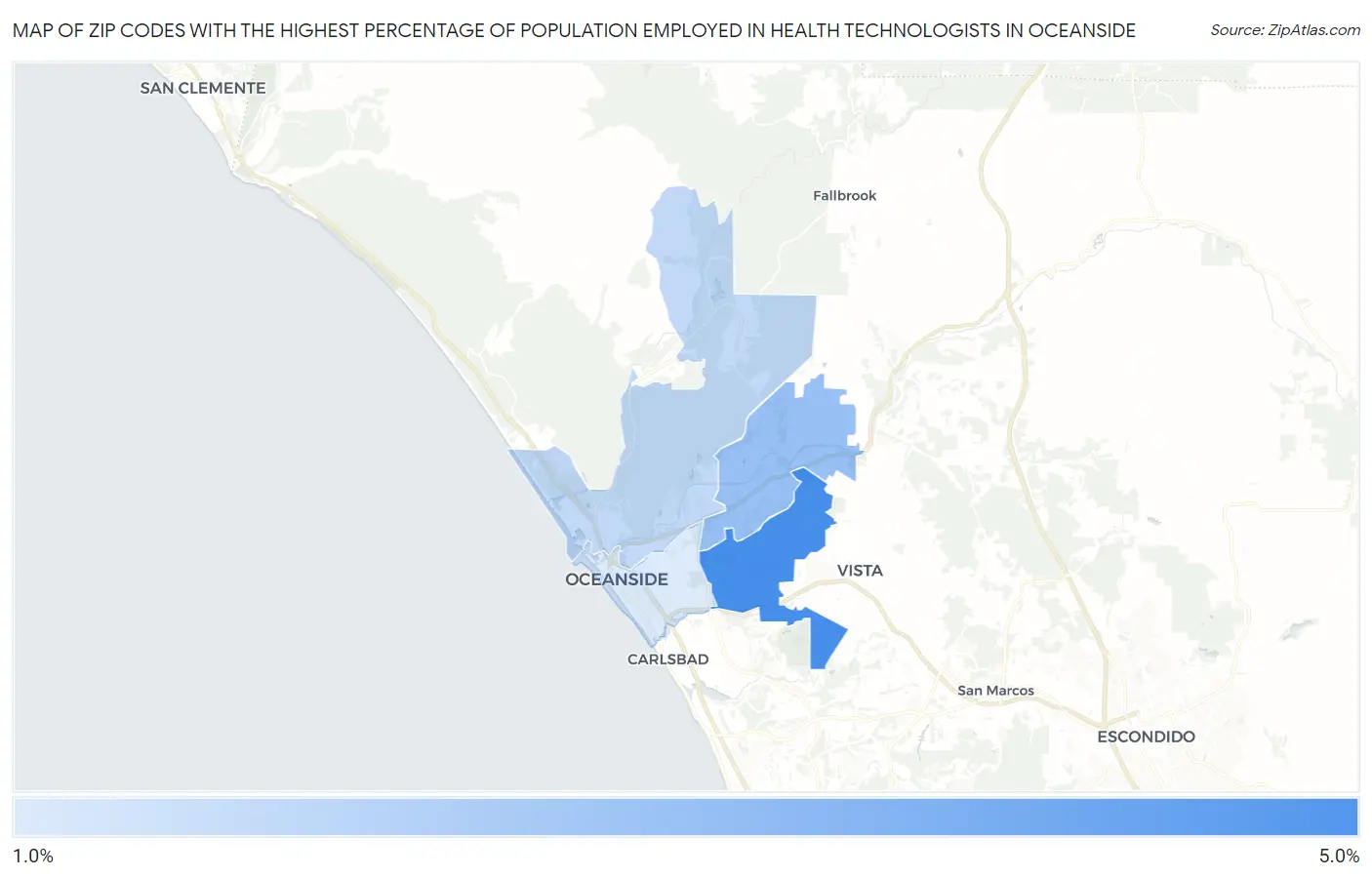 Zip Codes with the Highest Percentage of Population Employed in Health Technologists in Oceanside Map