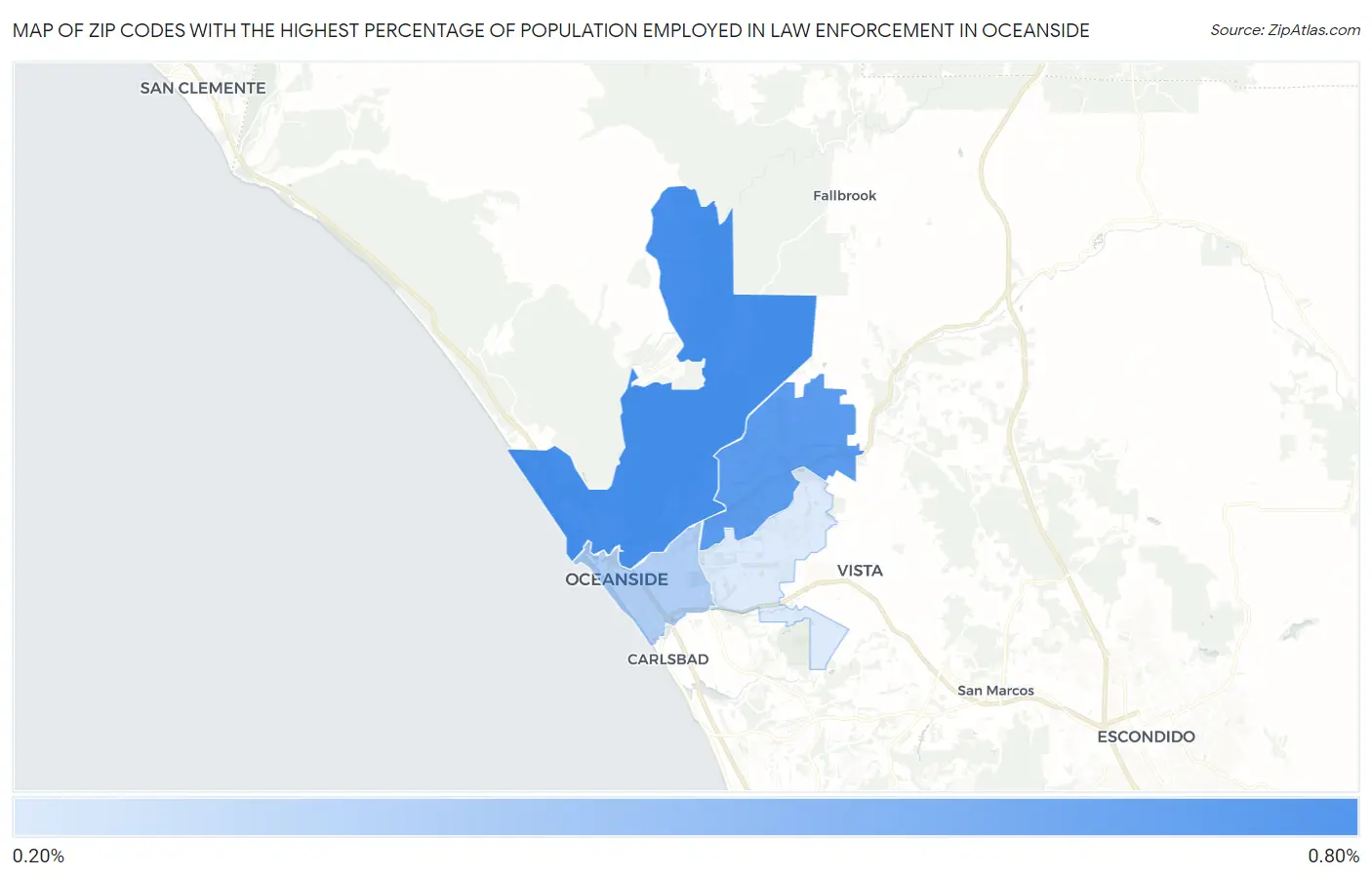 Zip Codes with the Highest Percentage of Population Employed in Law Enforcement in Oceanside Map