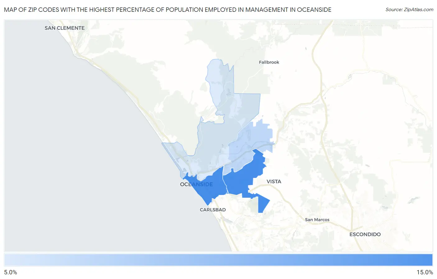 Zip Codes with the Highest Percentage of Population Employed in Management in Oceanside Map