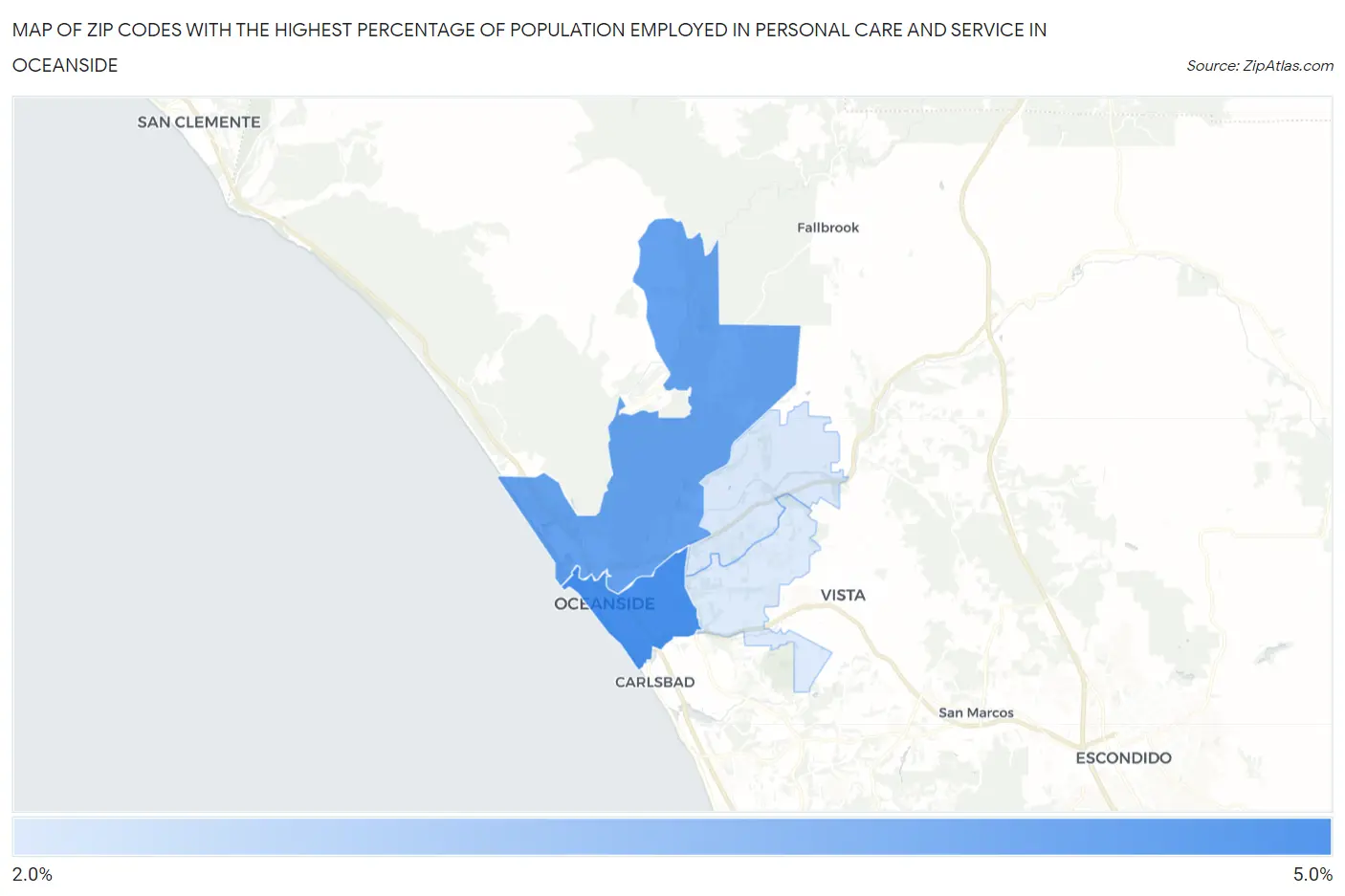 Zip Codes with the Highest Percentage of Population Employed in Personal Care and Service in Oceanside Map