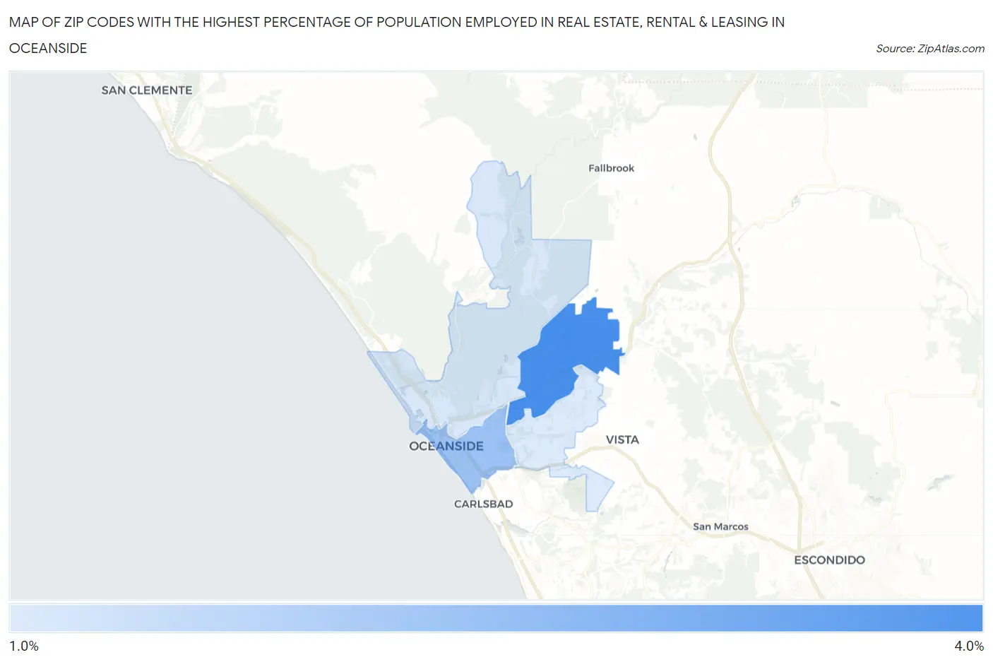 Zip Codes with the Highest Percentage of Population Employed in Real Estate, Rental & Leasing in Oceanside Map