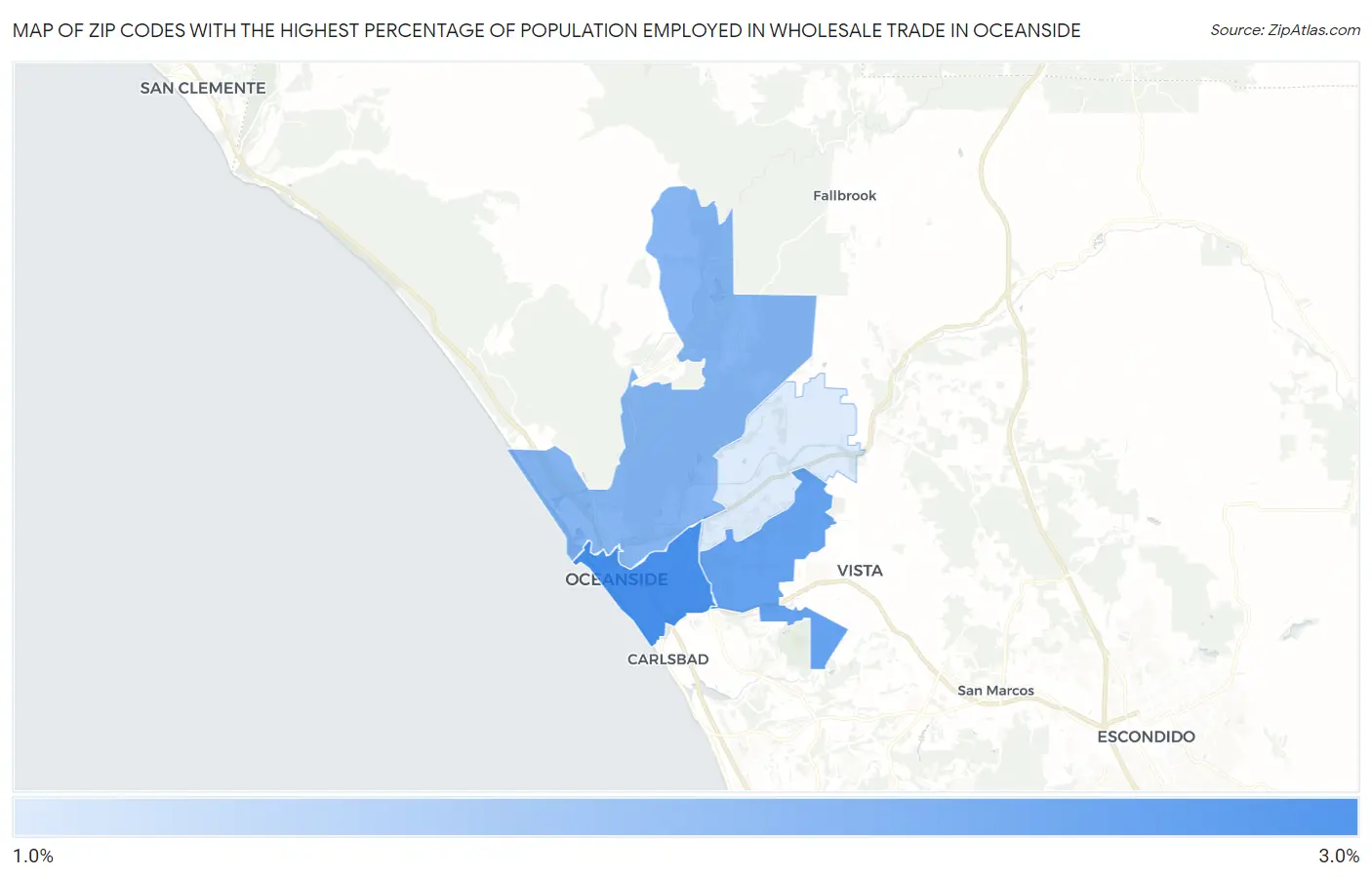 Zip Codes with the Highest Percentage of Population Employed in Wholesale Trade in Oceanside Map