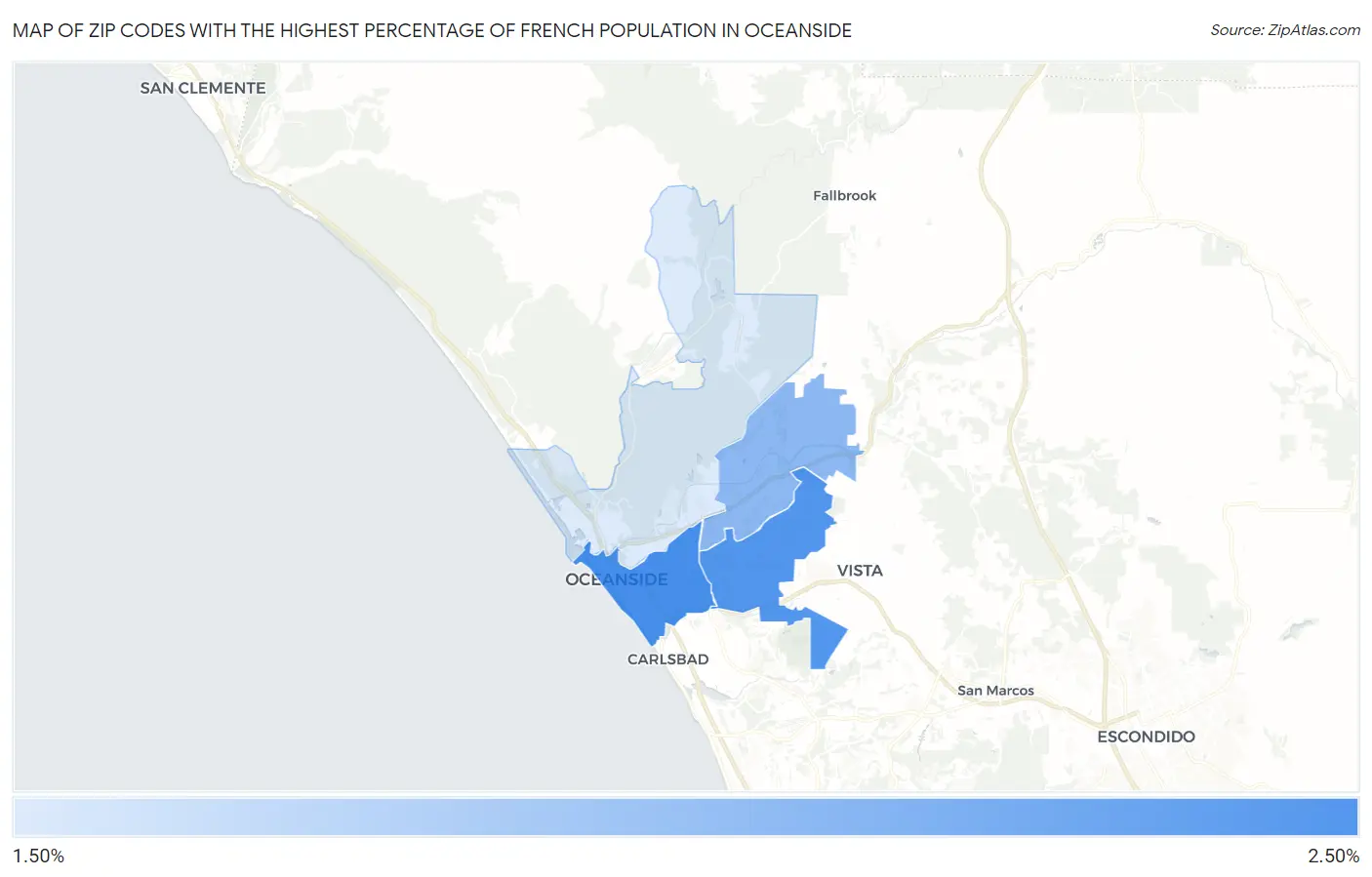 Zip Codes with the Highest Percentage of French Population in Oceanside Map