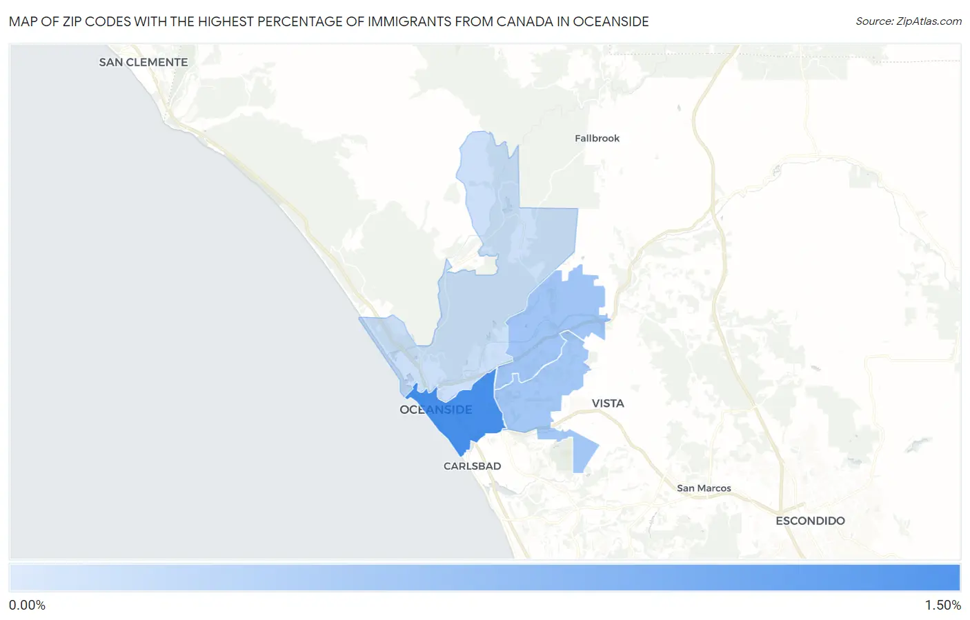 Zip Codes with the Highest Percentage of Immigrants from Canada in Oceanside Map