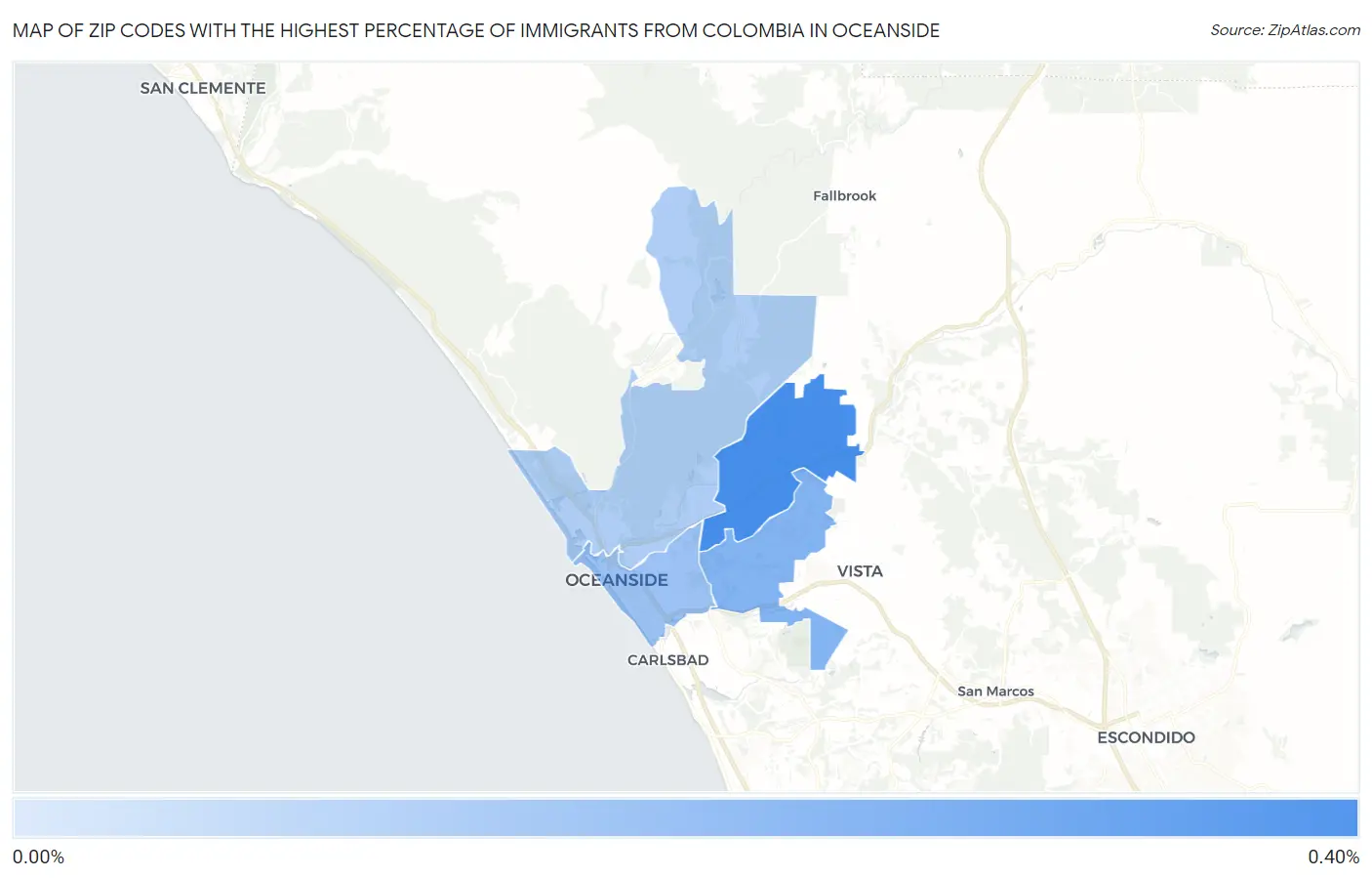 Zip Codes with the Highest Percentage of Immigrants from Colombia in Oceanside Map