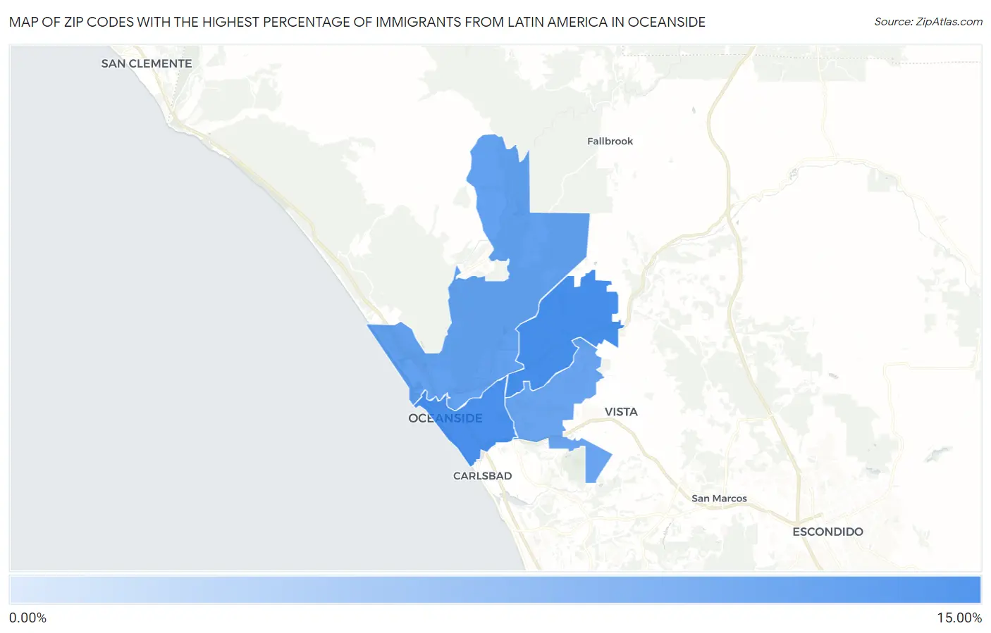 Zip Codes with the Highest Percentage of Immigrants from Latin America in Oceanside Map