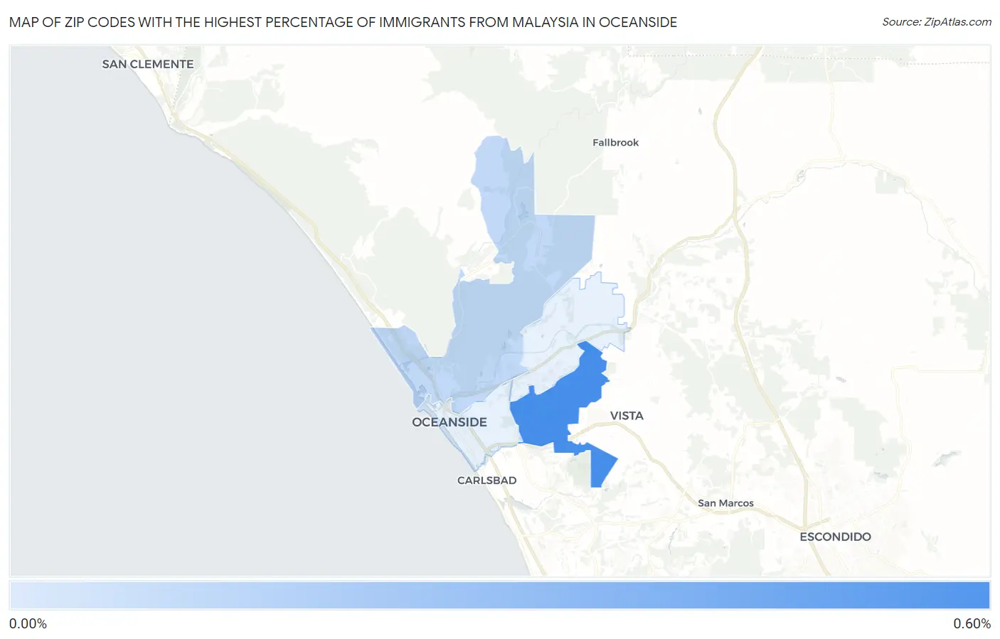 Zip Codes with the Highest Percentage of Immigrants from Malaysia in Oceanside Map