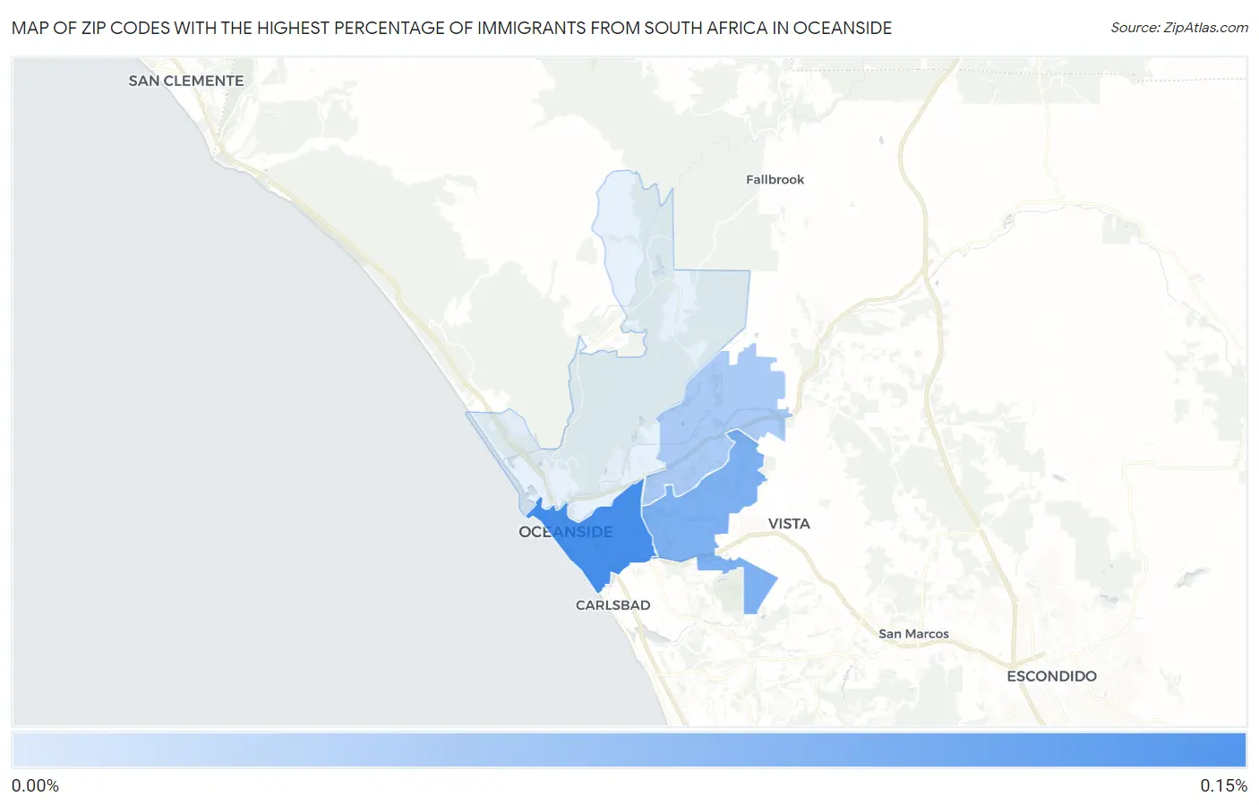 Zip Codes with the Highest Percentage of Immigrants from South Africa in Oceanside Map