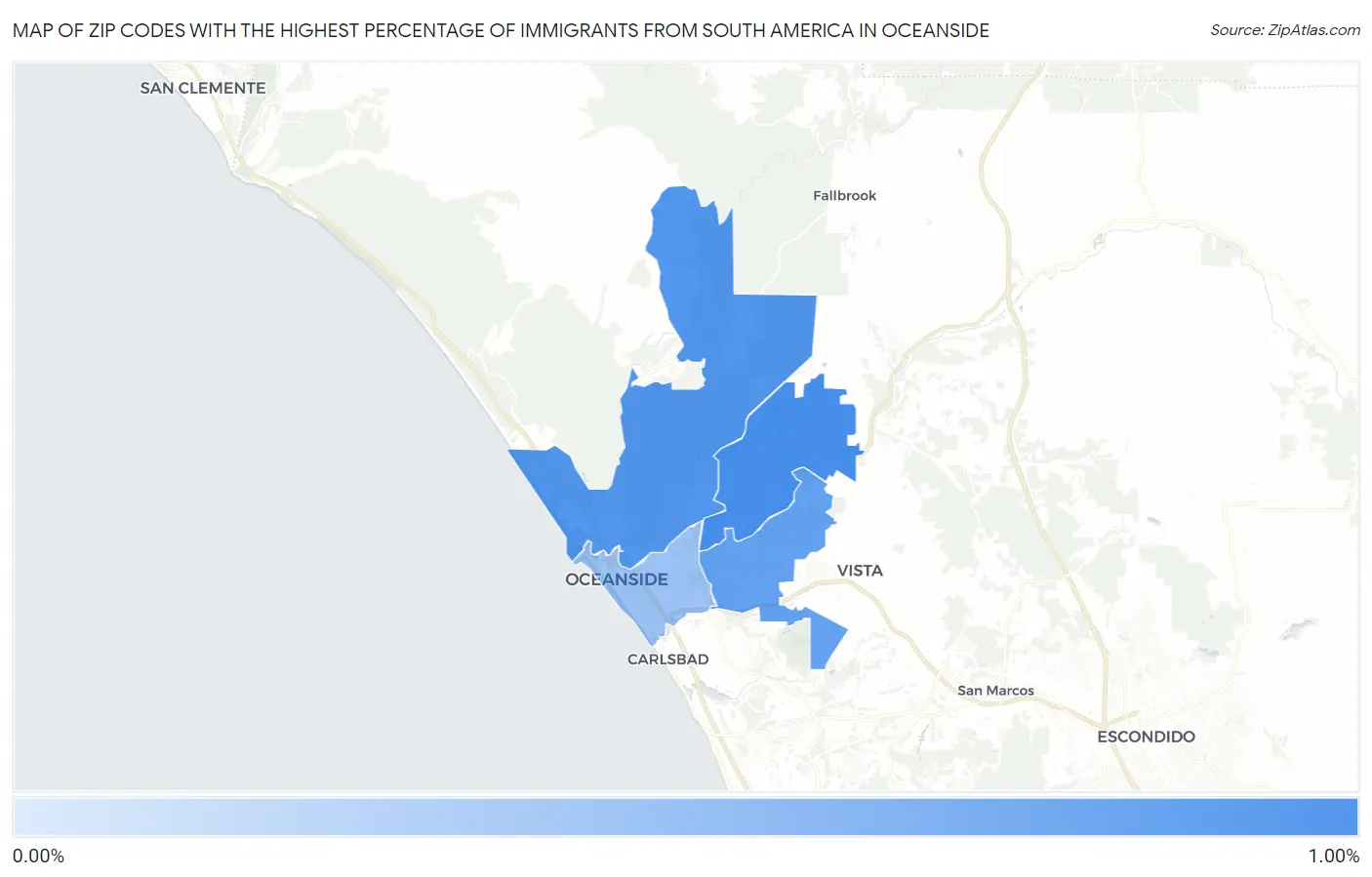 Zip Codes with the Highest Percentage of Immigrants from South America in Oceanside Map