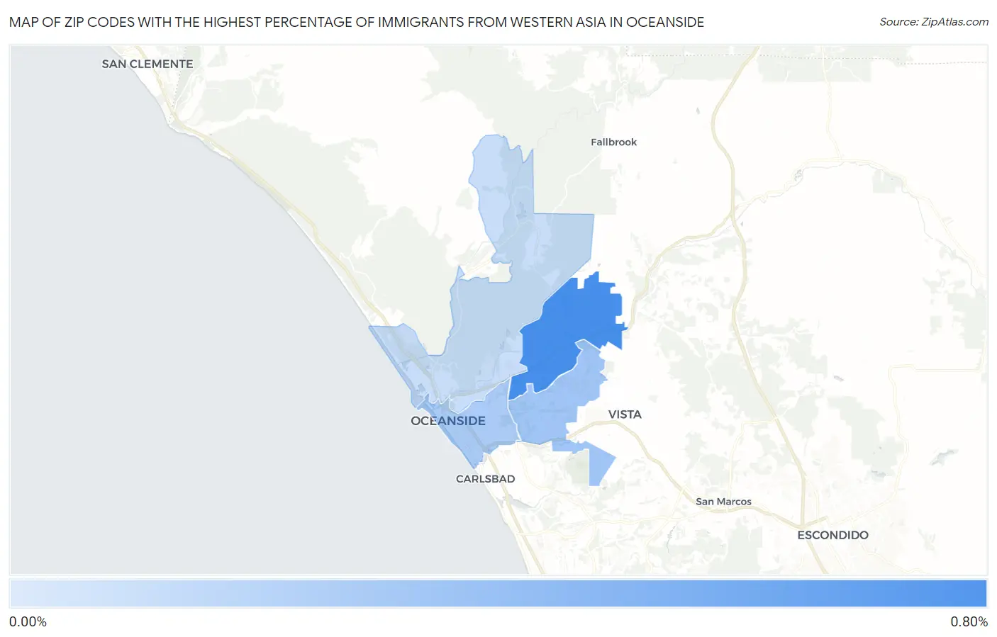 Zip Codes with the Highest Percentage of Immigrants from Western Asia in Oceanside Map
