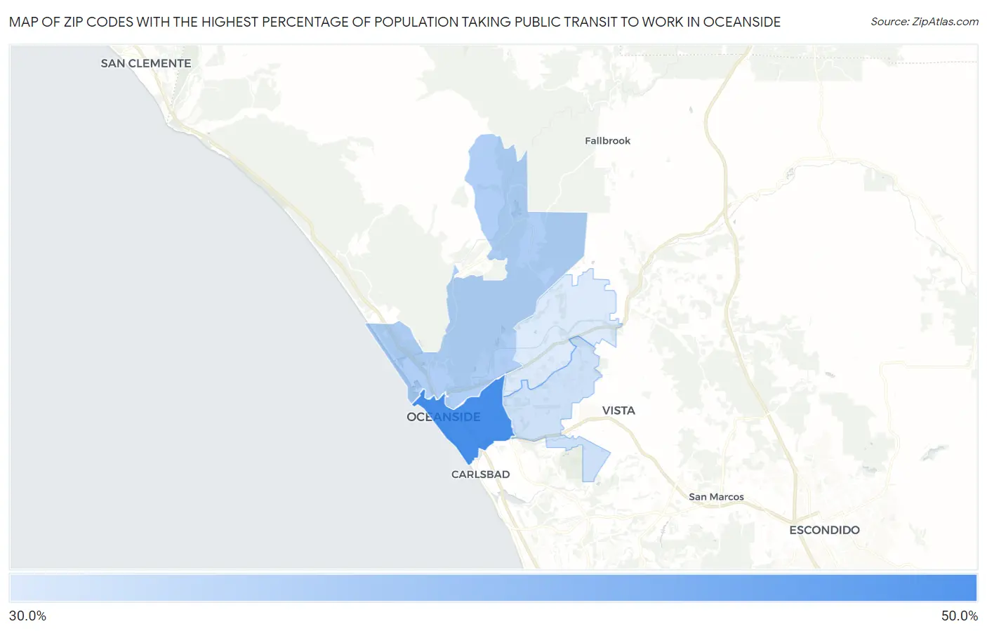 Zip Codes with the Highest Percentage of Population Taking Public Transit to Work in Oceanside Map