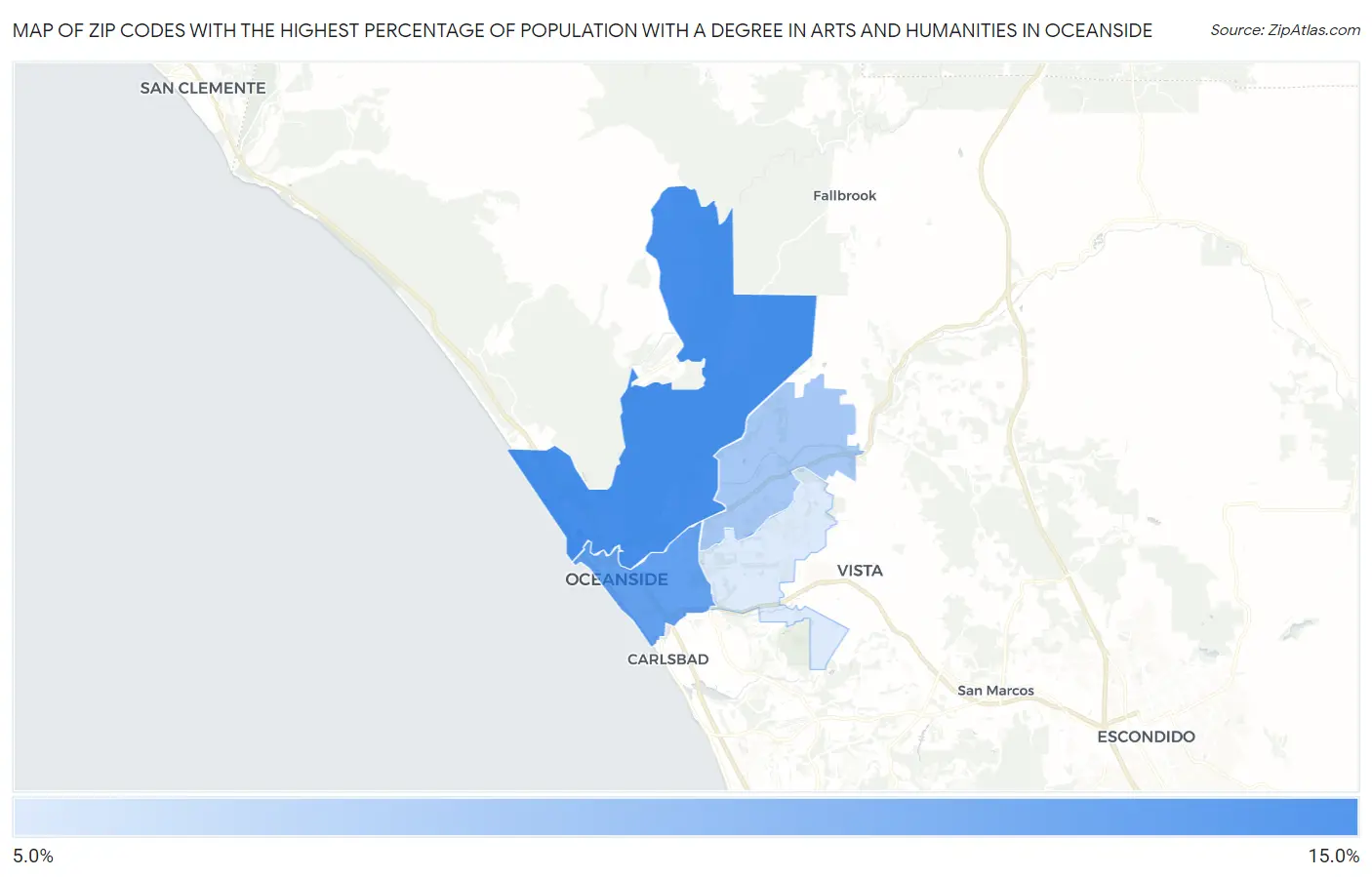 Zip Codes with the Highest Percentage of Population with a Degree in Arts and Humanities in Oceanside Map