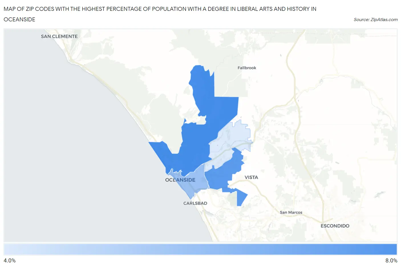 Zip Codes with the Highest Percentage of Population with a Degree in Liberal Arts and History in Oceanside Map