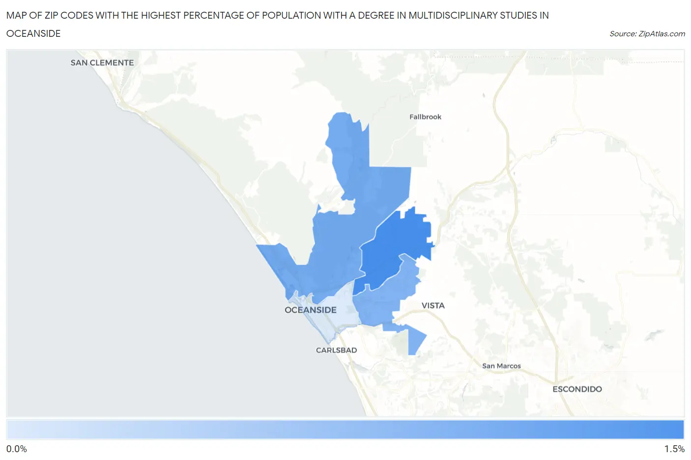 Zip Codes with the Highest Percentage of Population with a Degree in Multidisciplinary Studies in Oceanside Map