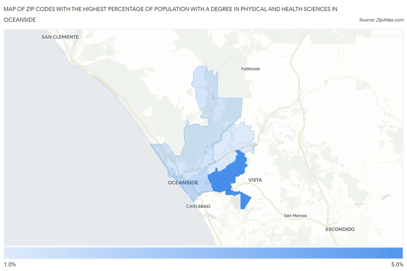 Zip Codes with the Highest Percentage of Population with a Degree in Physical and Health Sciences in Oceanside Map