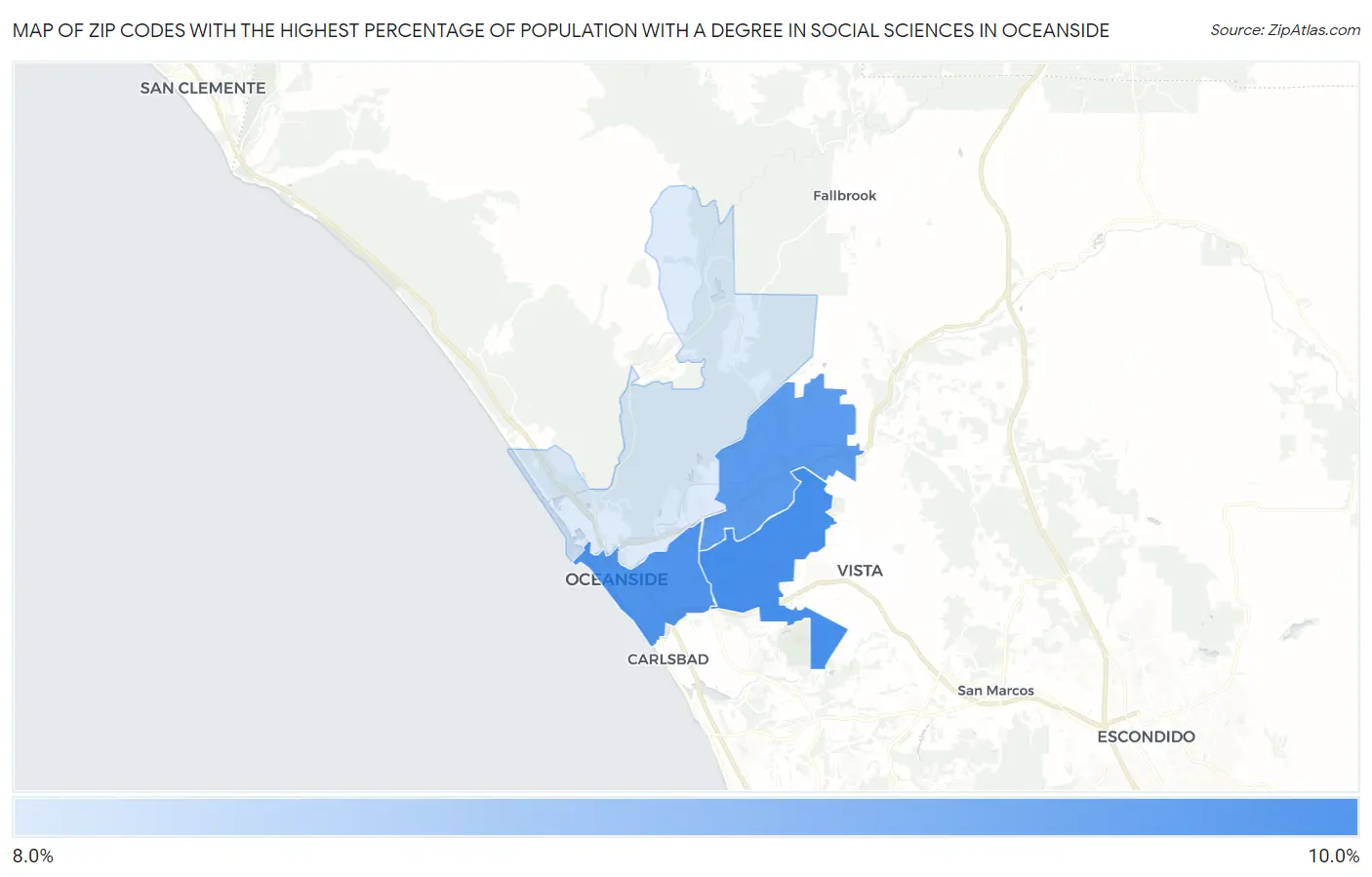 Zip Codes with the Highest Percentage of Population with a Degree in Social Sciences in Oceanside Map