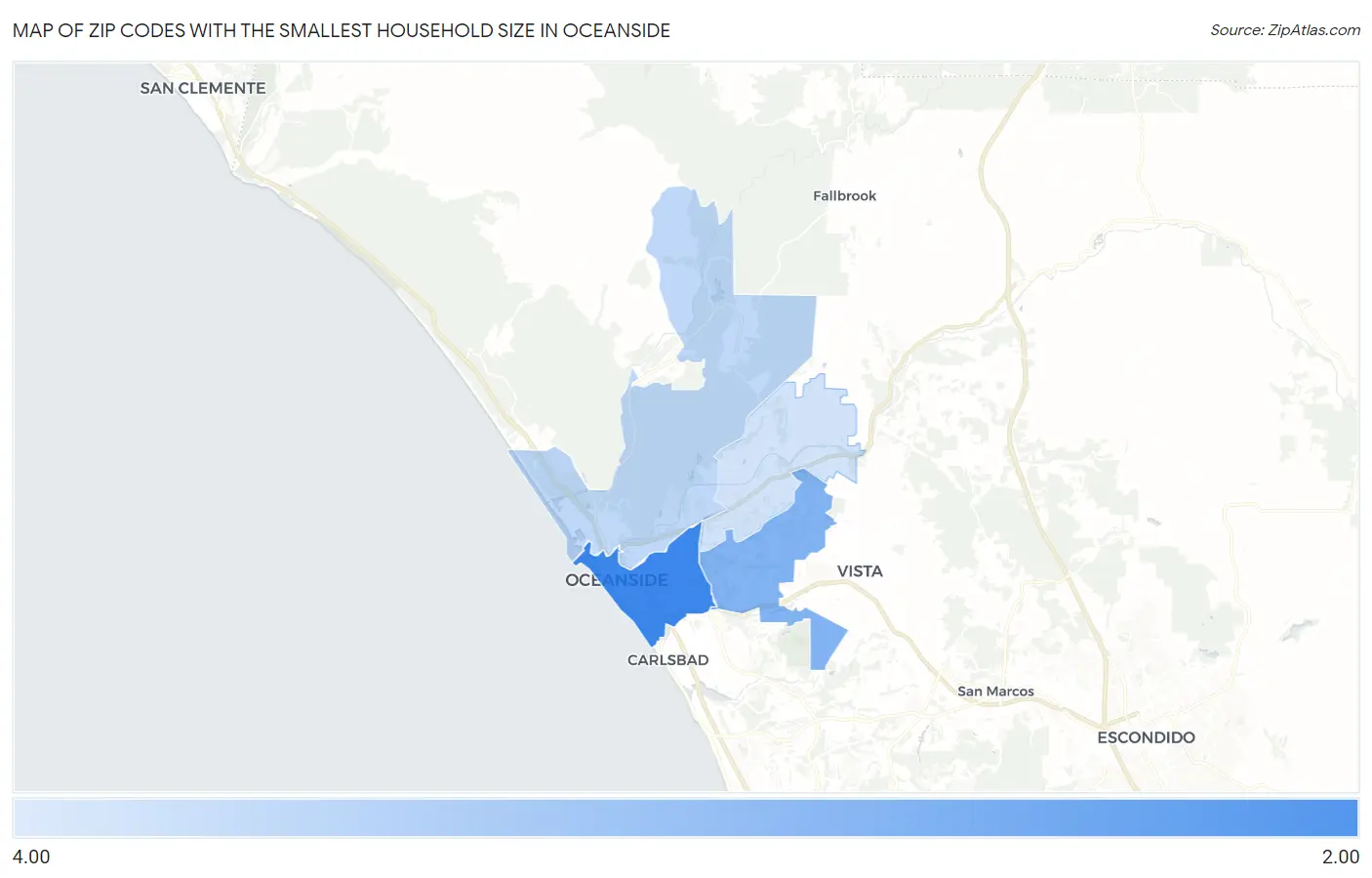 Zip Codes with the Smallest Household Size in Oceanside Map