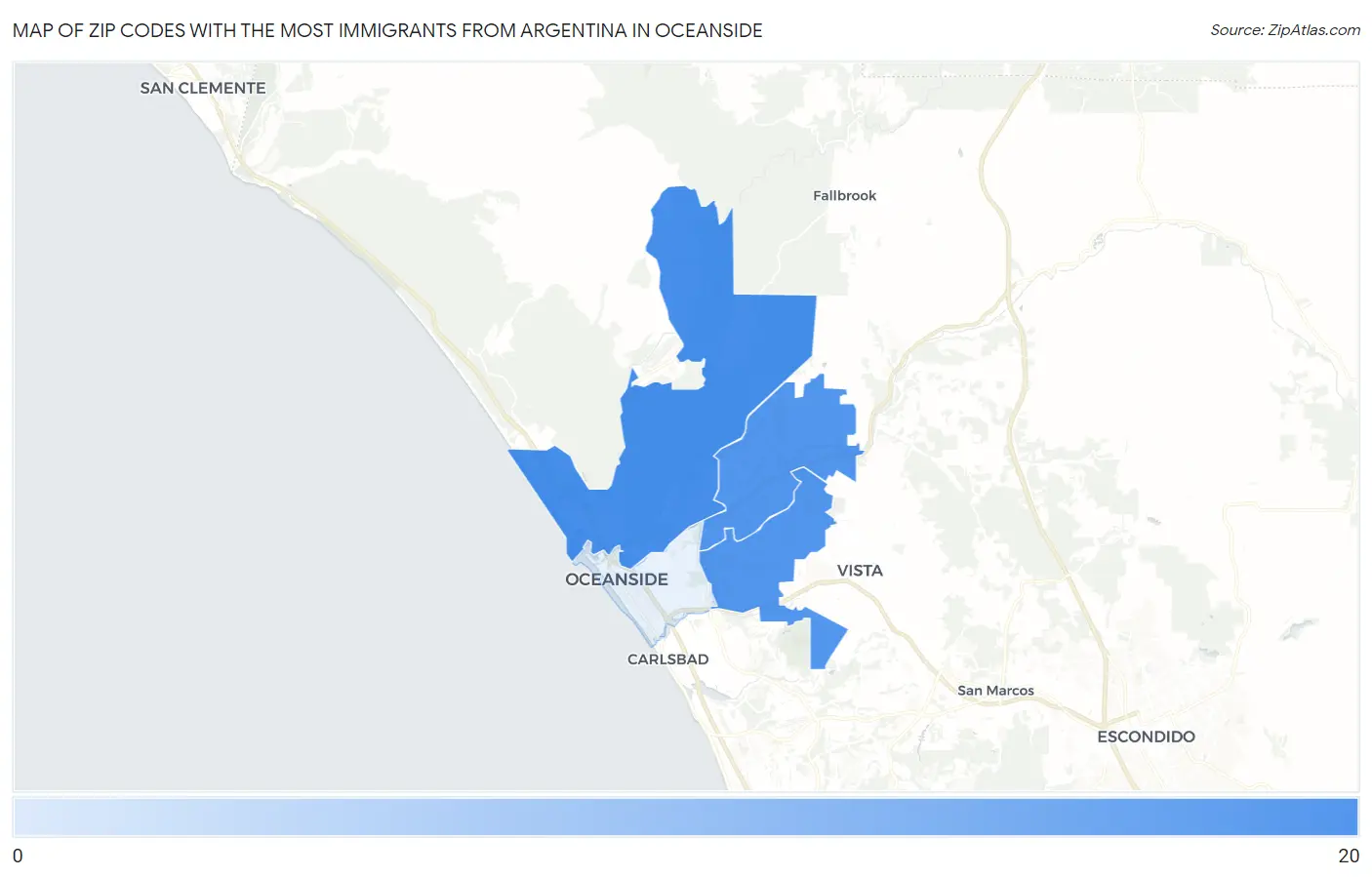Zip Codes with the Most Immigrants from Argentina in Oceanside Map