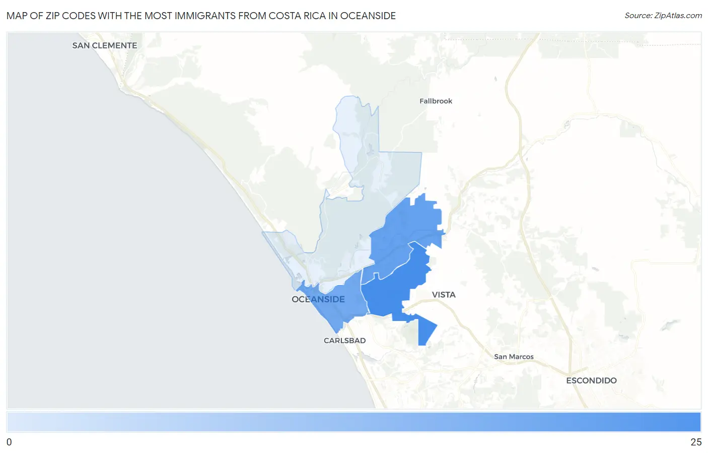 Zip Codes with the Most Immigrants from Costa Rica in Oceanside Map