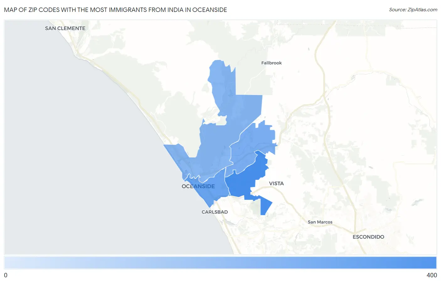 Zip Codes with the Most Immigrants from India in Oceanside Map