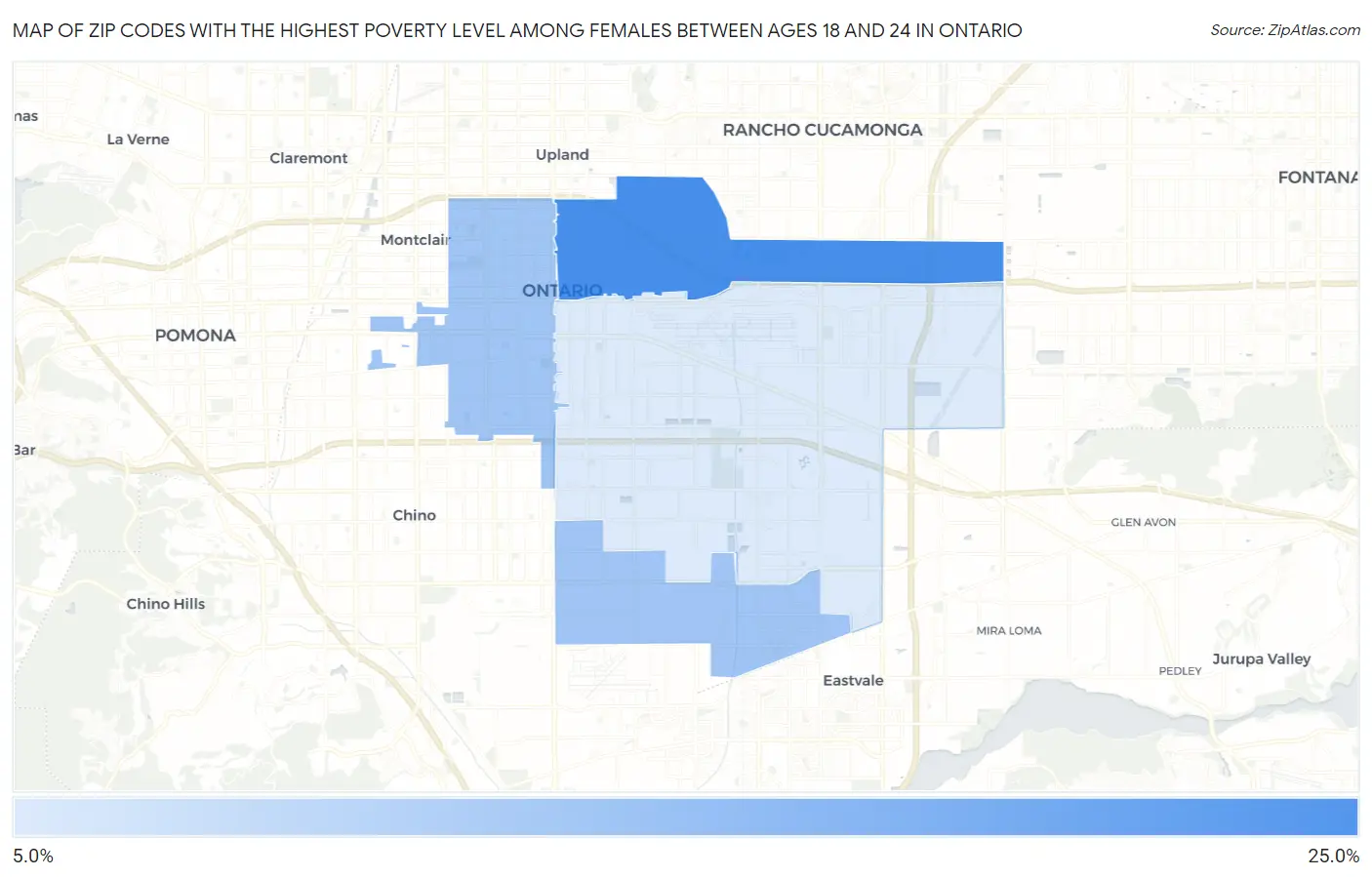 Zip Codes with the Highest Poverty Level Among Females Between Ages 18 and 24 in Ontario Map