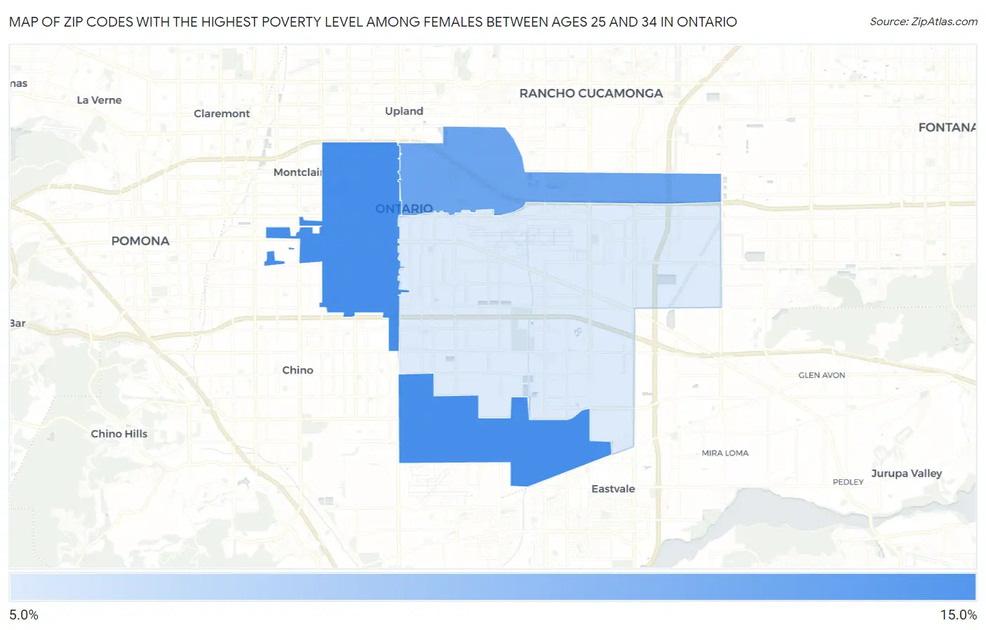 Zip Codes with the Highest Poverty Level Among Females Between Ages 25 and 34 in Ontario Map