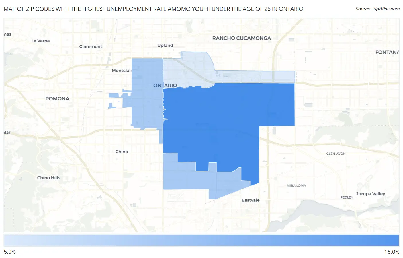 Zip Codes with the Highest Unemployment Rate Amomg Youth Under the Age of 25 in Ontario Map