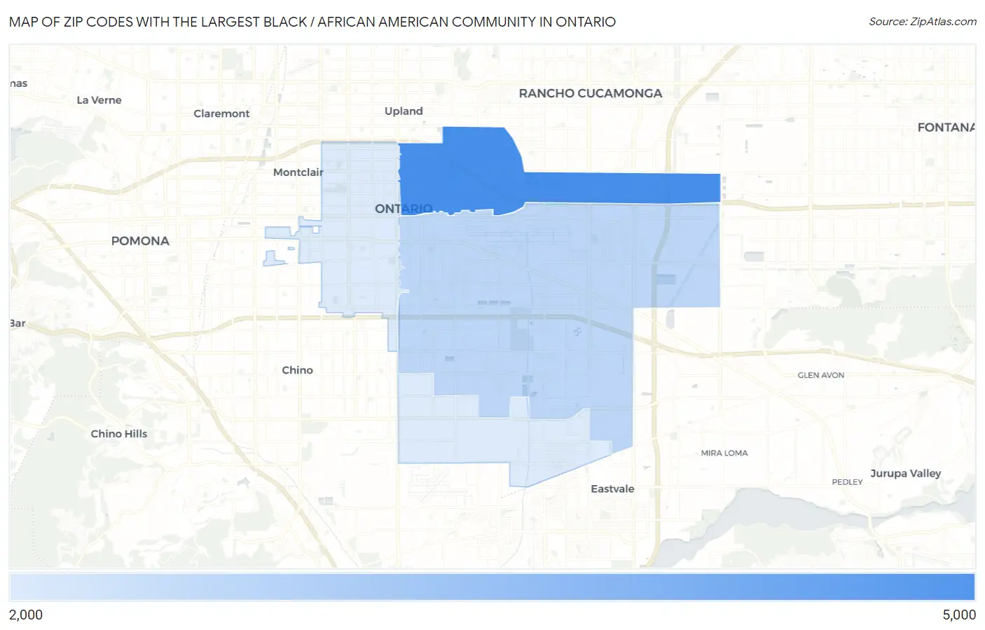 Zip Codes with the Largest Black / African American Community in Ontario Map
