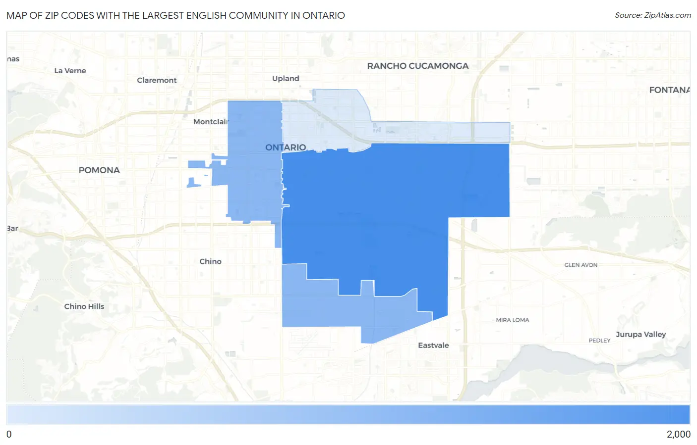 Zip Codes with the Largest English Community in Ontario Map