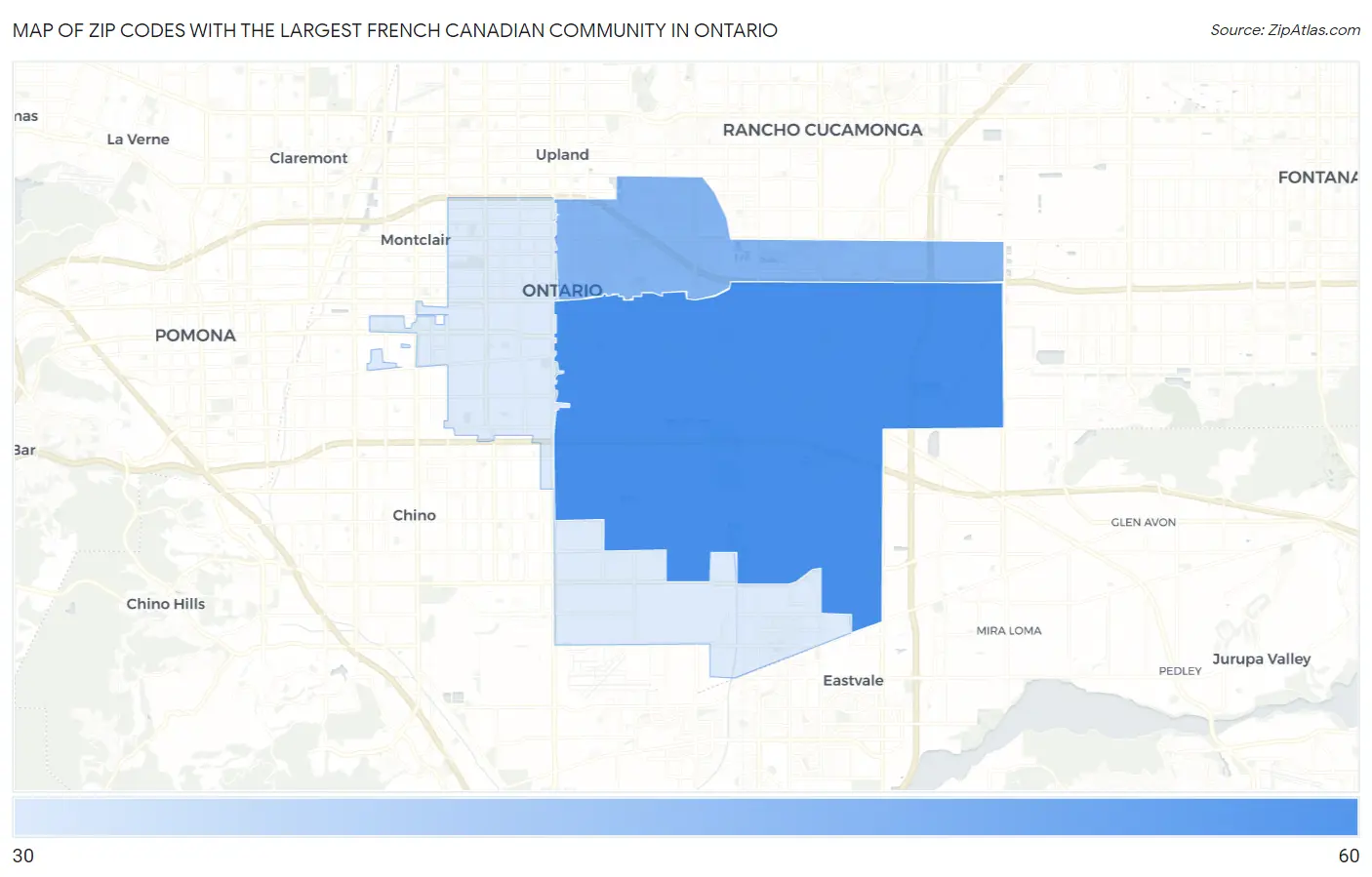 Zip Codes with the Largest French Canadian Community in Ontario Map