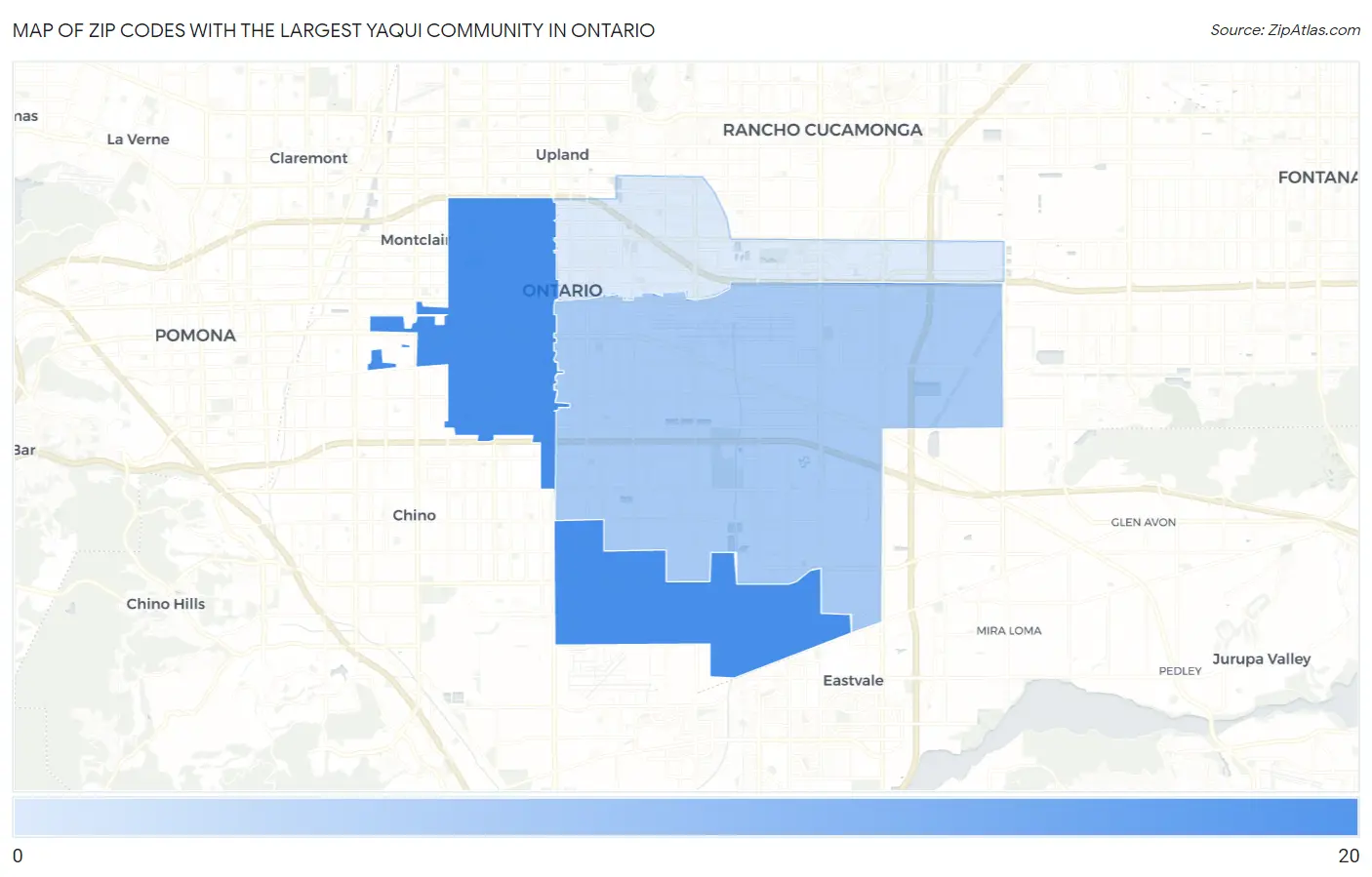 Zip Codes with the Largest Yaqui Community in Ontario Map