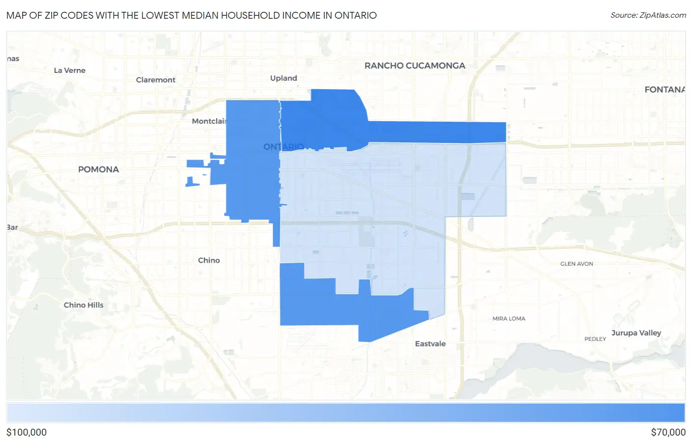 Zip Codes with the Lowest Median Household Income in Ontario Map