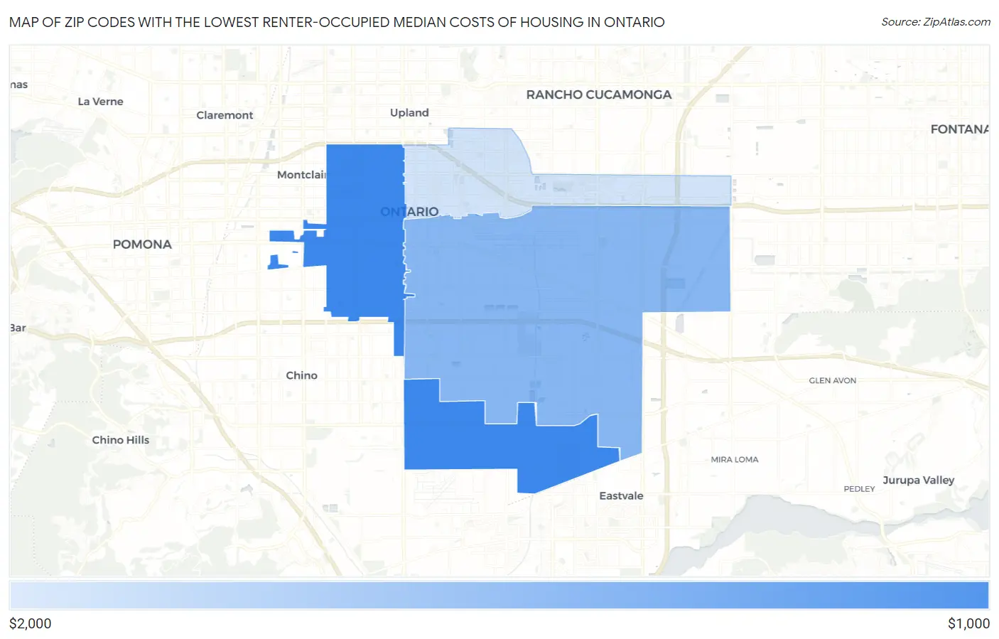 Zip Codes with the Lowest Renter-Occupied Median Costs of Housing in Ontario Map