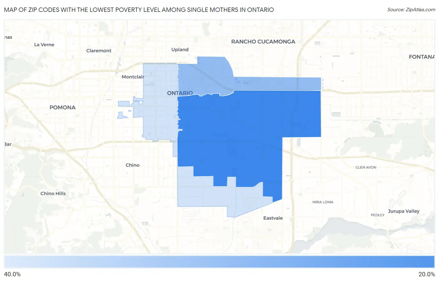 Zip Codes with the Lowest Poverty Level Among Single Mothers in Ontario Map