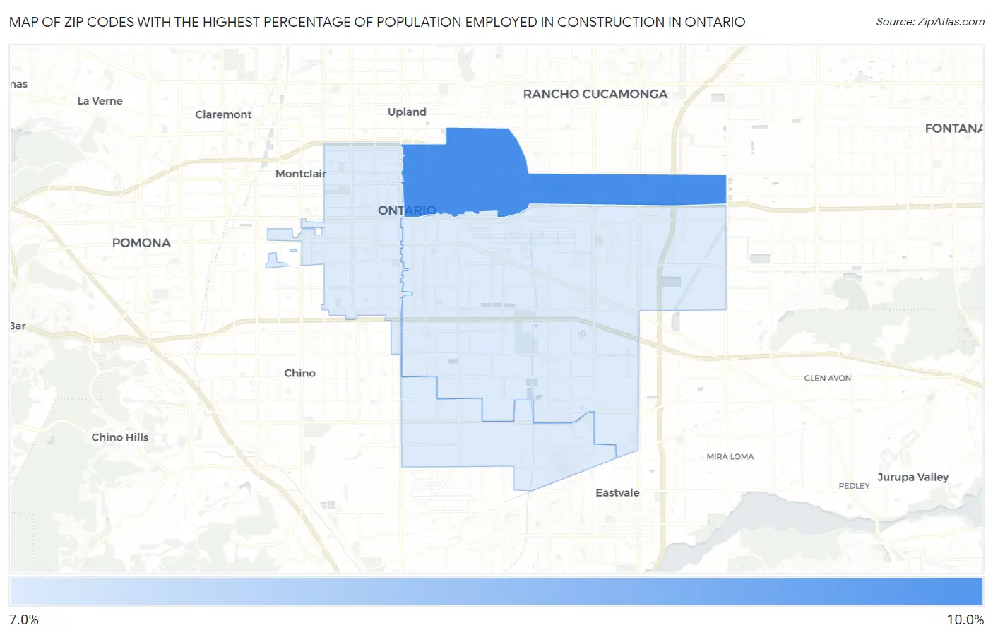 Zip Codes with the Highest Percentage of Population Employed in Construction in Ontario Map