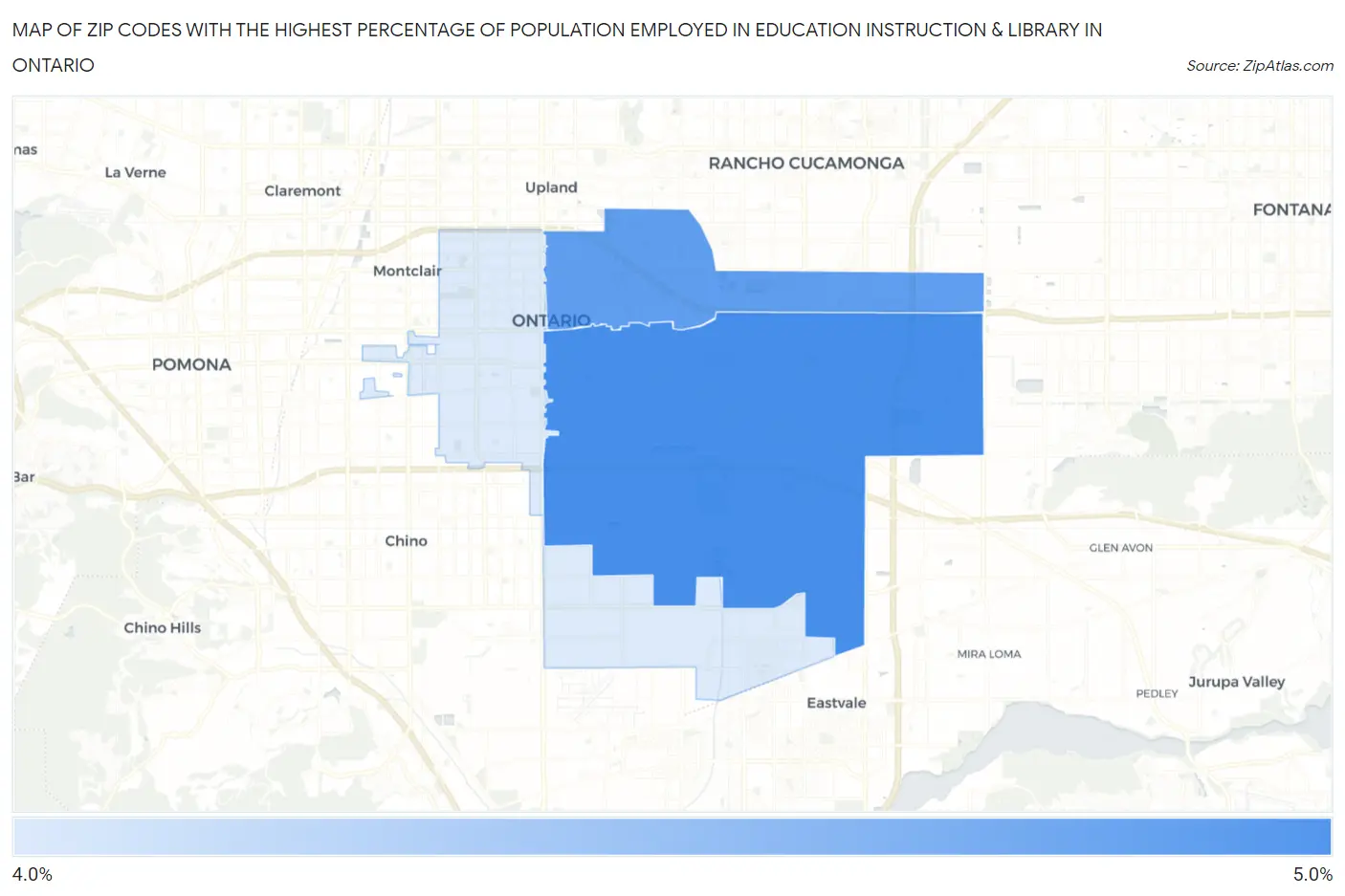 Zip Codes with the Highest Percentage of Population Employed in Education Instruction & Library in Ontario Map