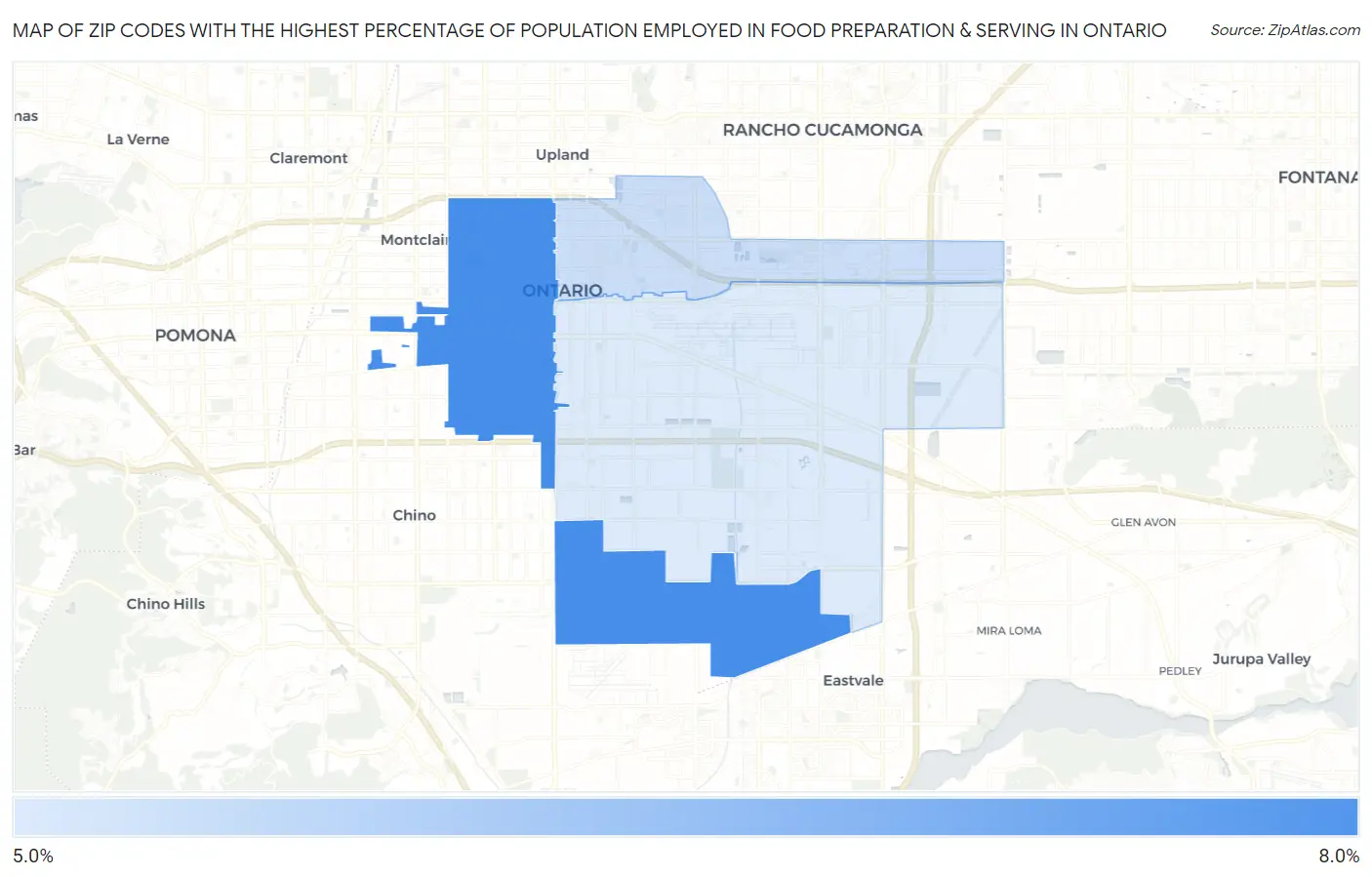 Zip Codes with the Highest Percentage of Population Employed in Food Preparation & Serving in Ontario Map