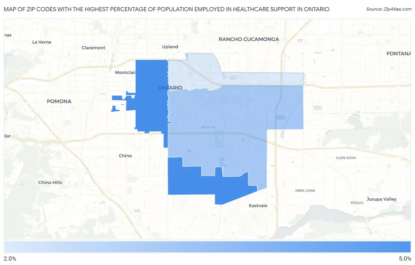 Zip Codes with the Highest Percentage of Population Employed in Healthcare Support in Ontario Map