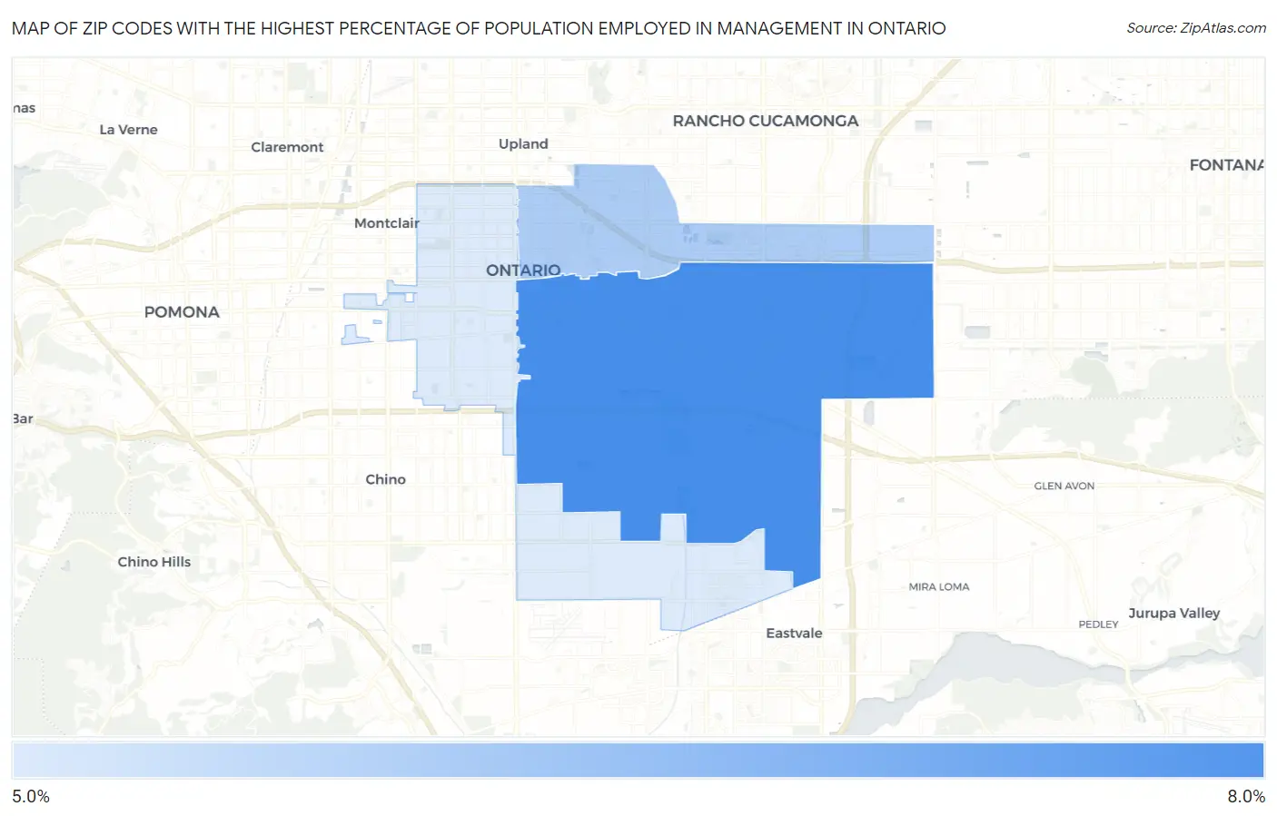Zip Codes with the Highest Percentage of Population Employed in Management in Ontario Map